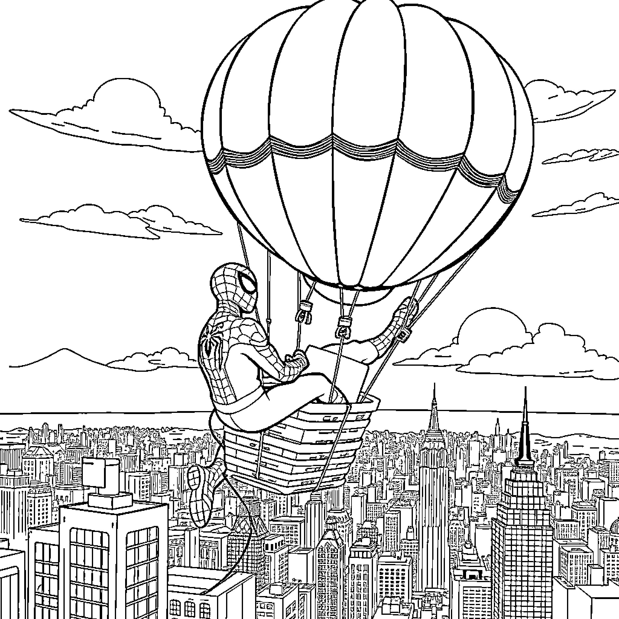 Spider-Man swinging through the city in a hot air balloon Coloring Page (free black-and-white line drawing printable PDF for all, from beginners to advanced learners, including children, teens, adults, and seniors)