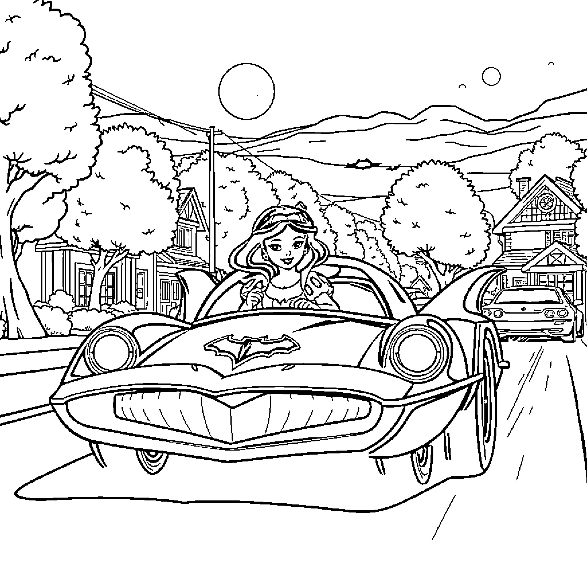 Snow White driving a futuristic car in a fantasy town Coloring Page (free black-and-white line drawing printable PDF for all, from beginners to advanced learners, including children, teens, adults, and seniors)