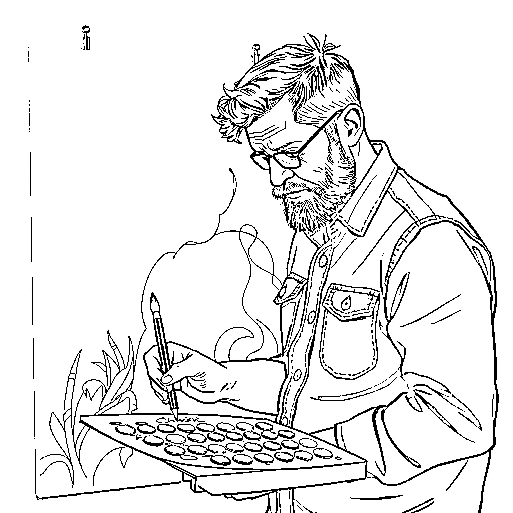 Charlie's Creative Craftsmanship Coloring Page (free black-and-white line drawing printable PDF for all, from beginners to advanced learners, including children, teens, adults, and seniors)