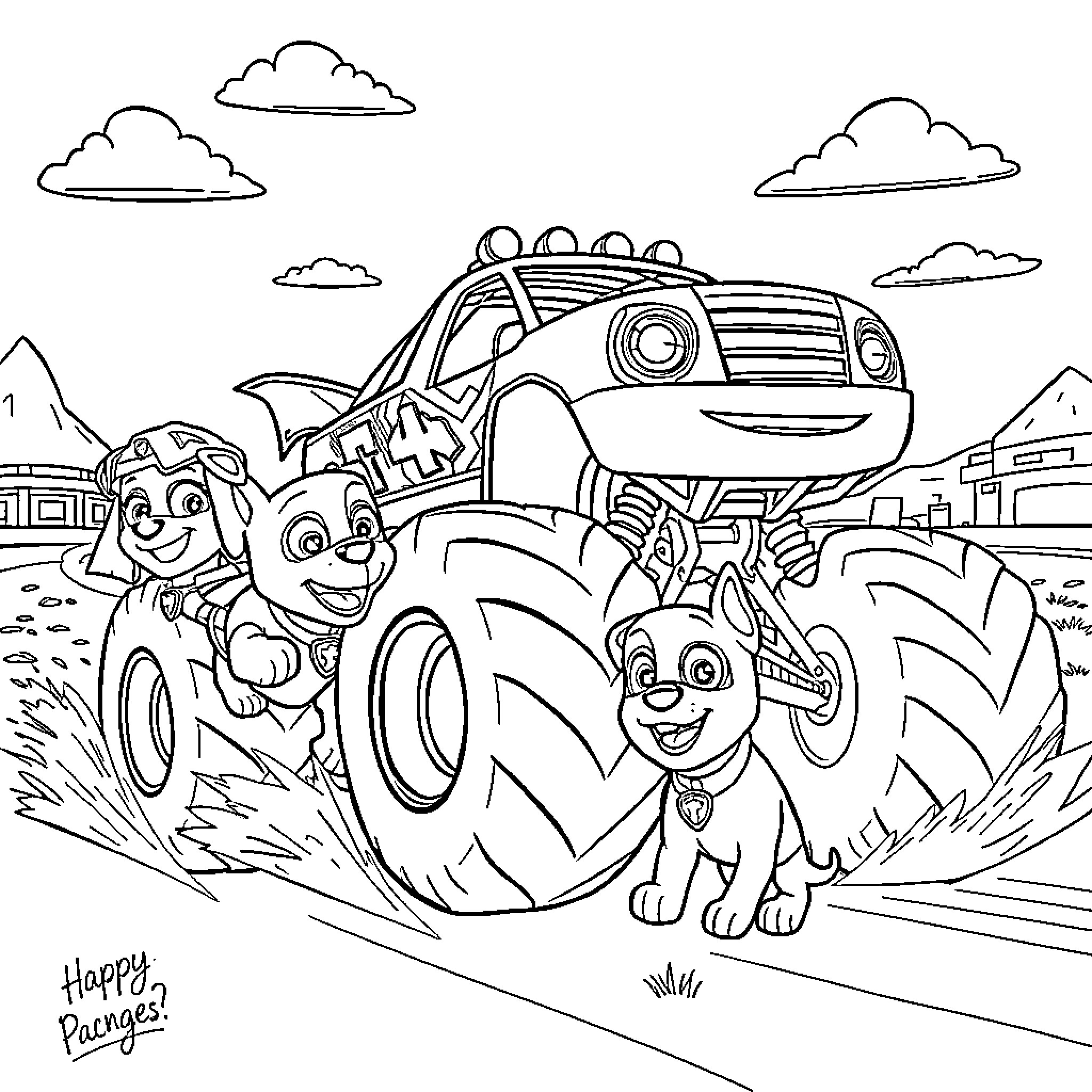 Blaze and Friends Explore the Countryside Coloring Page (free black-and-white line drawing printable PDF for all, from beginners to advanced learners, including children, teens, adults, and seniors)
