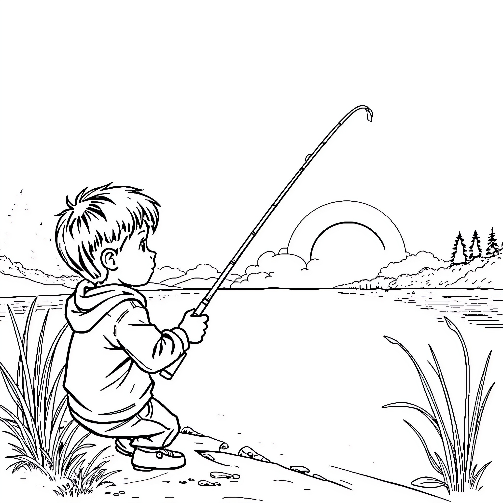 Bore Fishing at the Lakeside Coloring Page (free black-and-white line drawing printable PDF for all, from beginners to advanced learners, including children, teens, adults, and seniors)