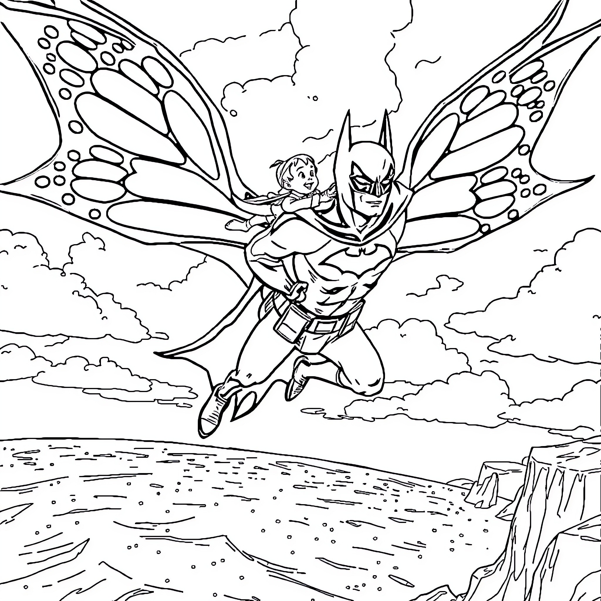 Batman soaring with a young sidekick through the clouds Coloring Page (free black-and-white line drawing printable PDF for all, from beginners to advanced learners, including children, teens, adults, and seniors)