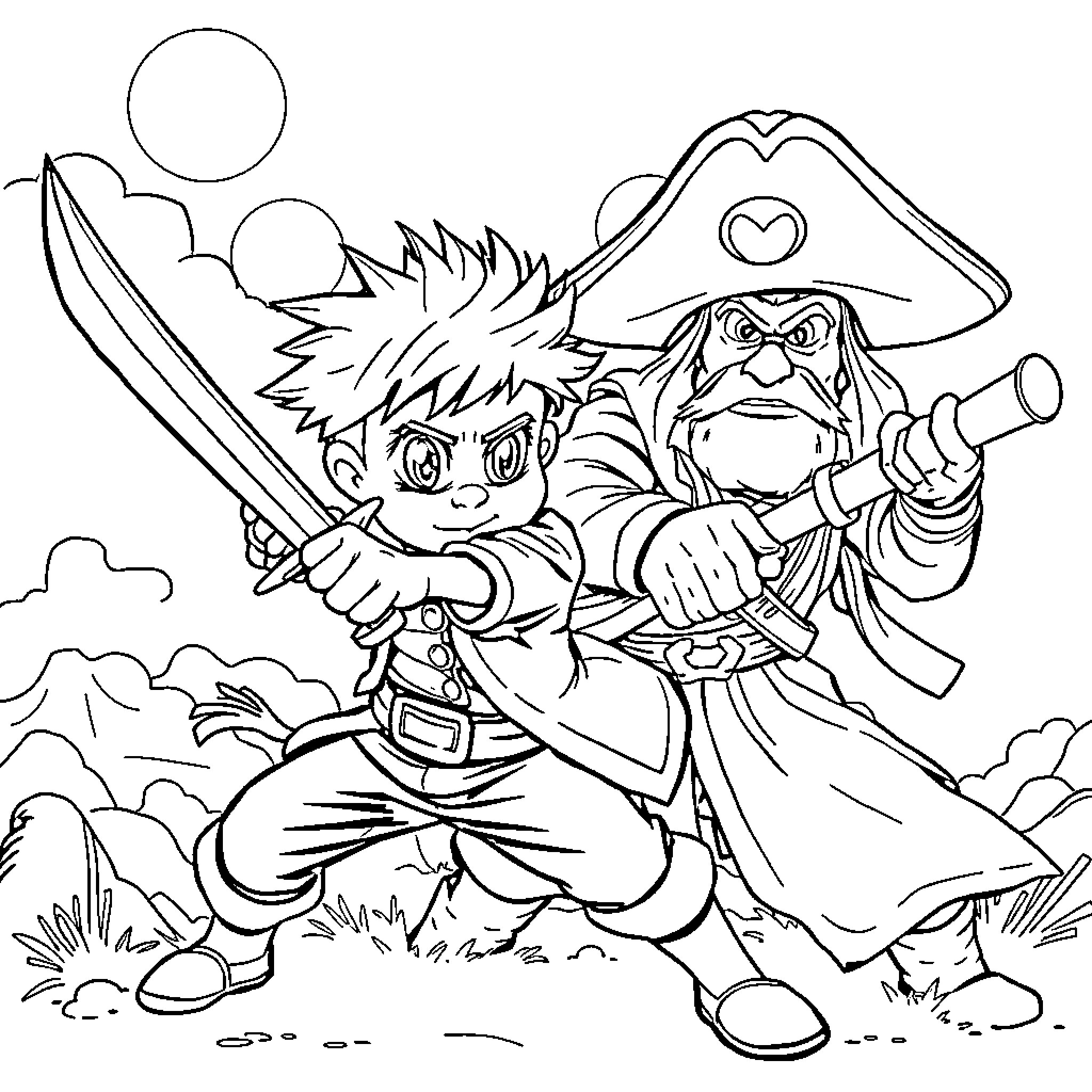Niño Pirates Playing Adventure in the Wild Coloring Page (free black-and-white line drawing printable PDF for all, from beginners to advanced learners, including children, teens, adults, and seniors)