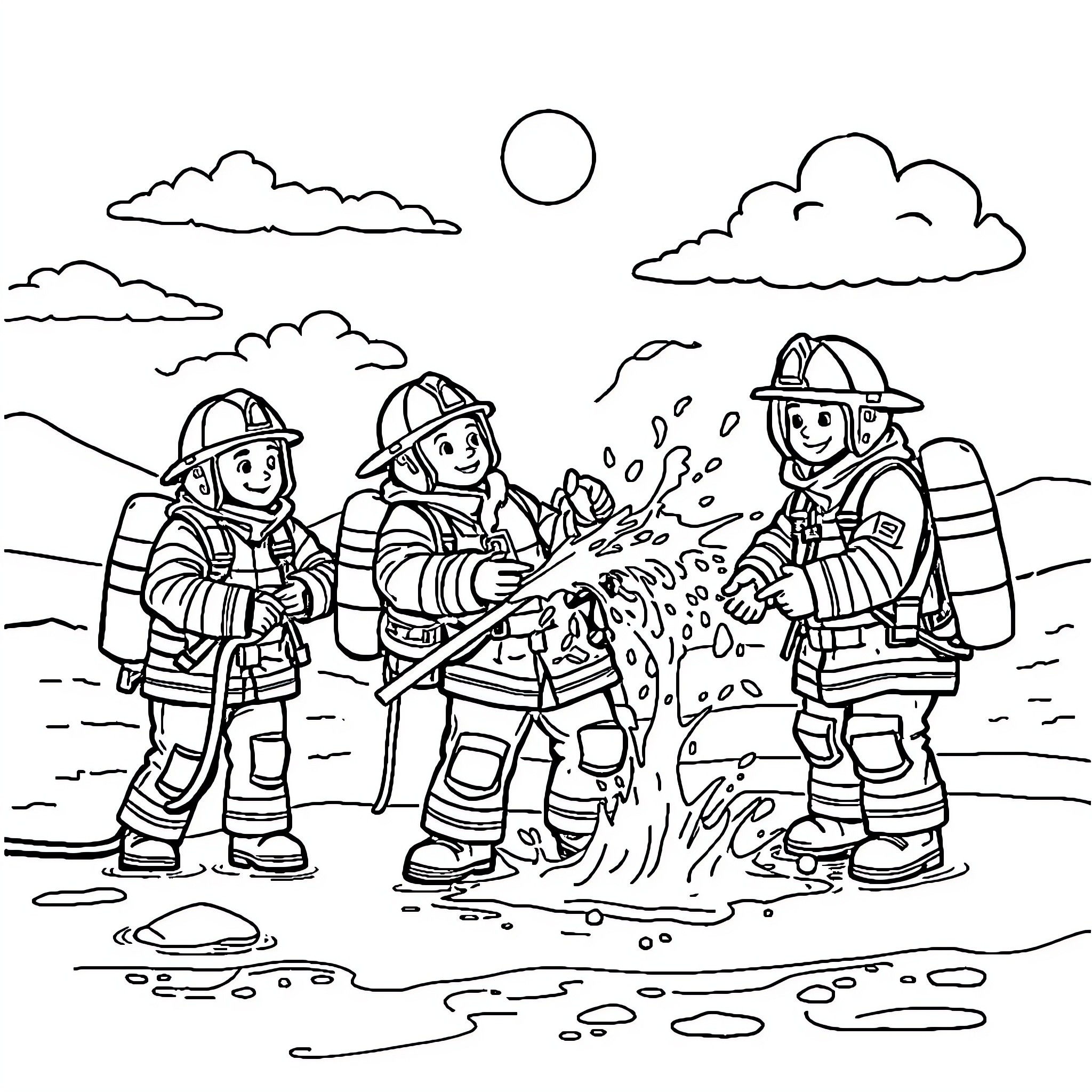 Firefighters Battling Flames in Action-Packed Scene Coloring Page (free black-and-white line drawing printable PDF for all, from beginners to advanced learners, including children, teens, adults, and seniors)