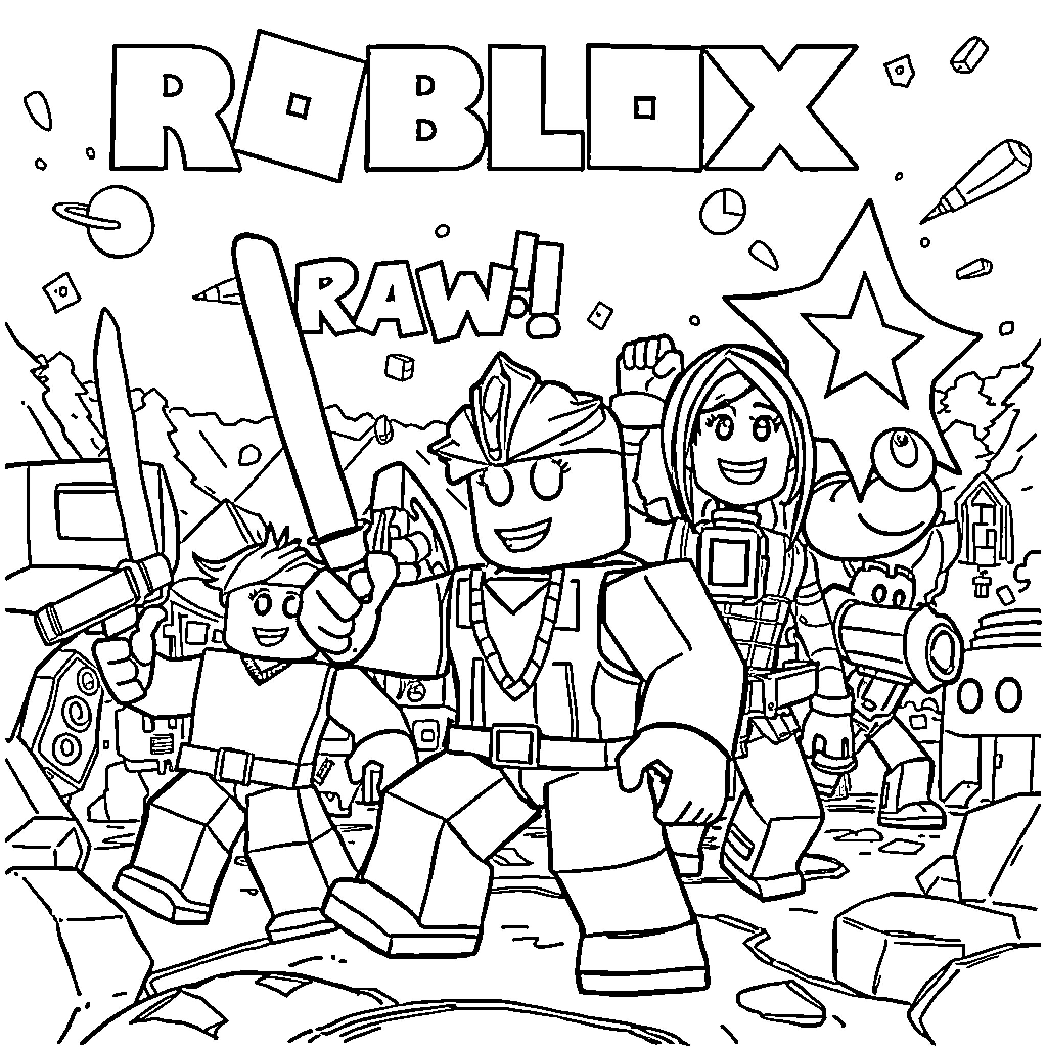 Roblox characters in an epic adventure scene Coloring Page (free black-and-white line drawing printable PDF for all, from beginners to advanced learners, including children, teens, adults, and seniors)