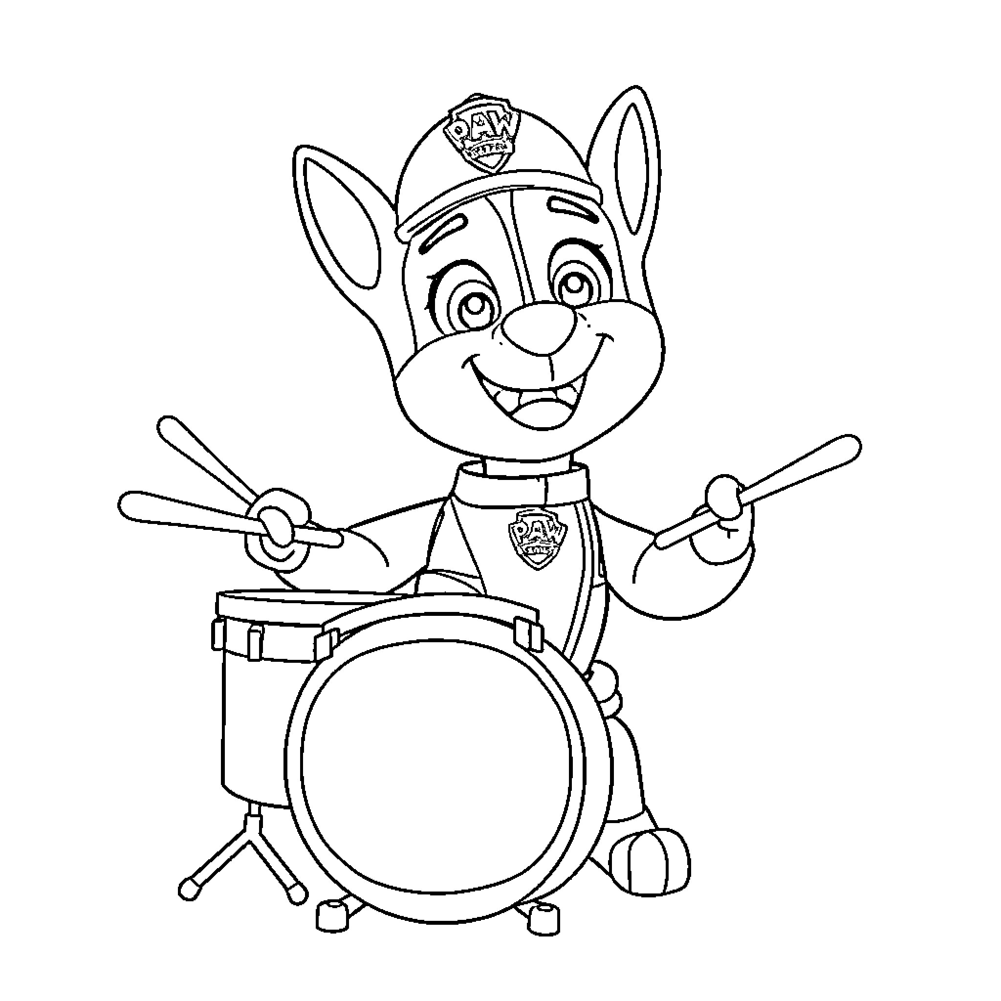 Chase the Playful Pup Drummer Coloring Page (free black-and-white line drawing printable PDF for all, from beginners to advanced learners, including children, teens, adults, and seniors)
