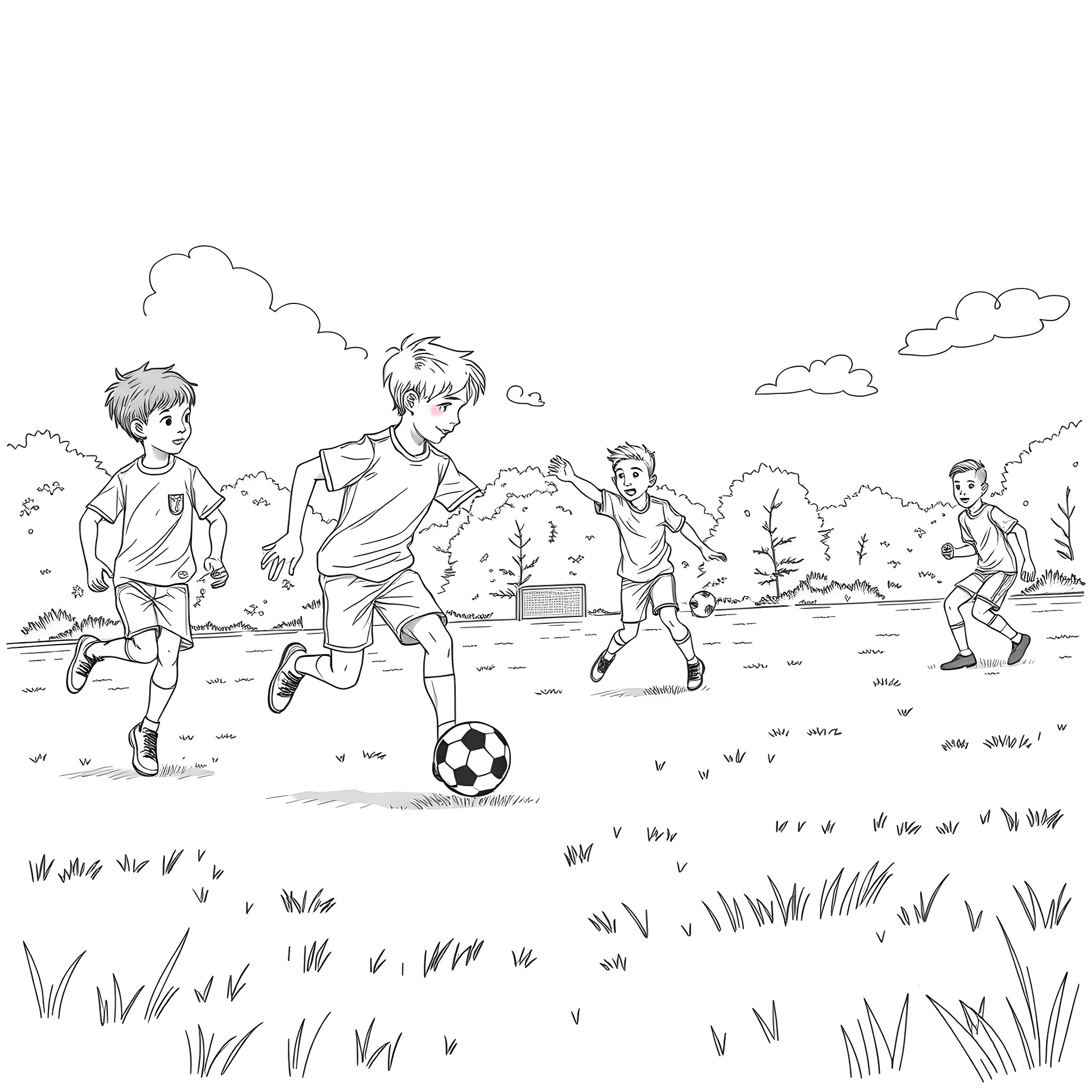 Boys playing joyfully with soccer ball in the park Coloring Page (free black-and-white line drawing printable PDF for all, from beginners to advanced learners, including children, teens, adults, and seniors)