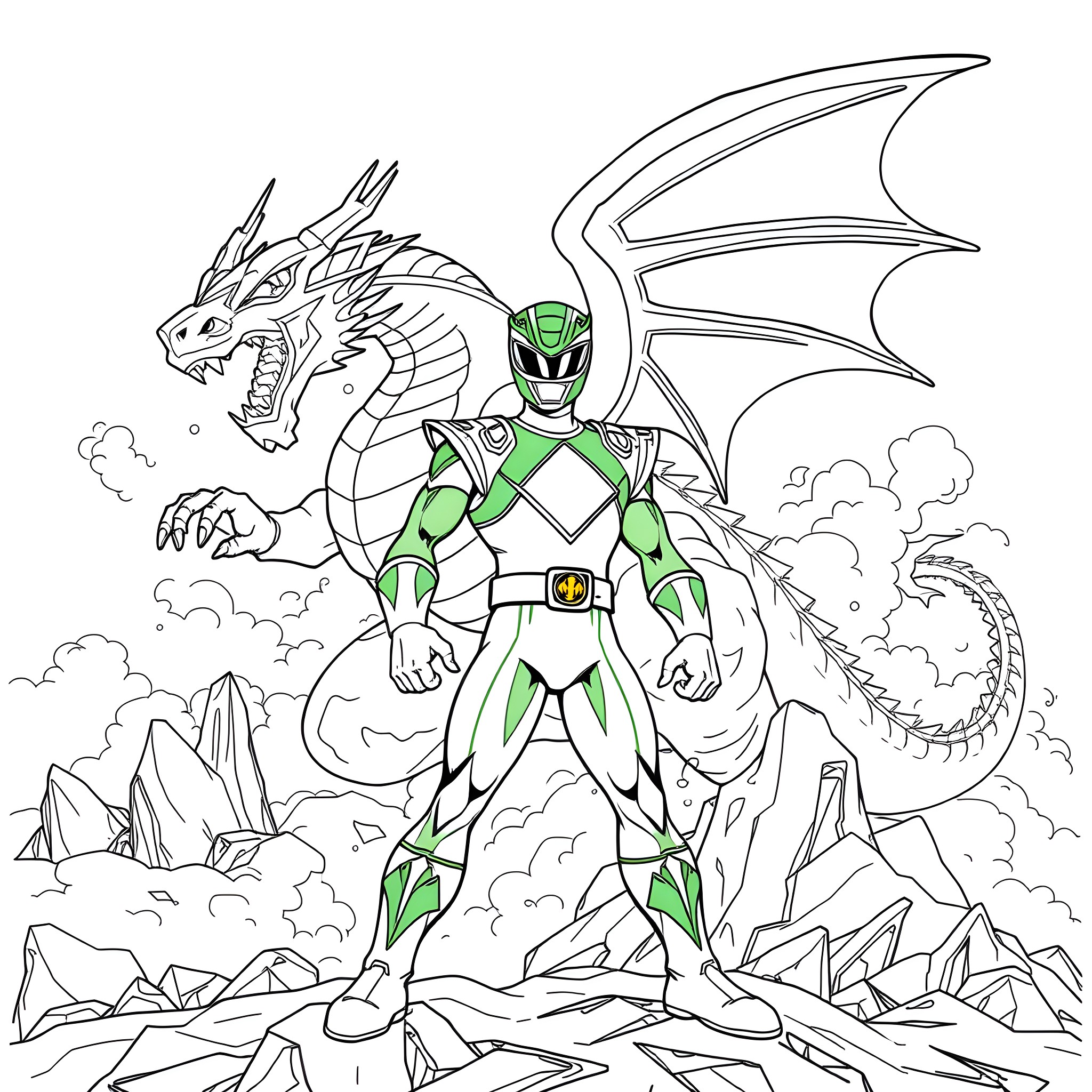 Power Ranger Battles Majestic Dragon Coloring Page (free black-and-white line drawing printable PDF for all, from beginners to advanced learners, including children, teens, adults, and seniors)