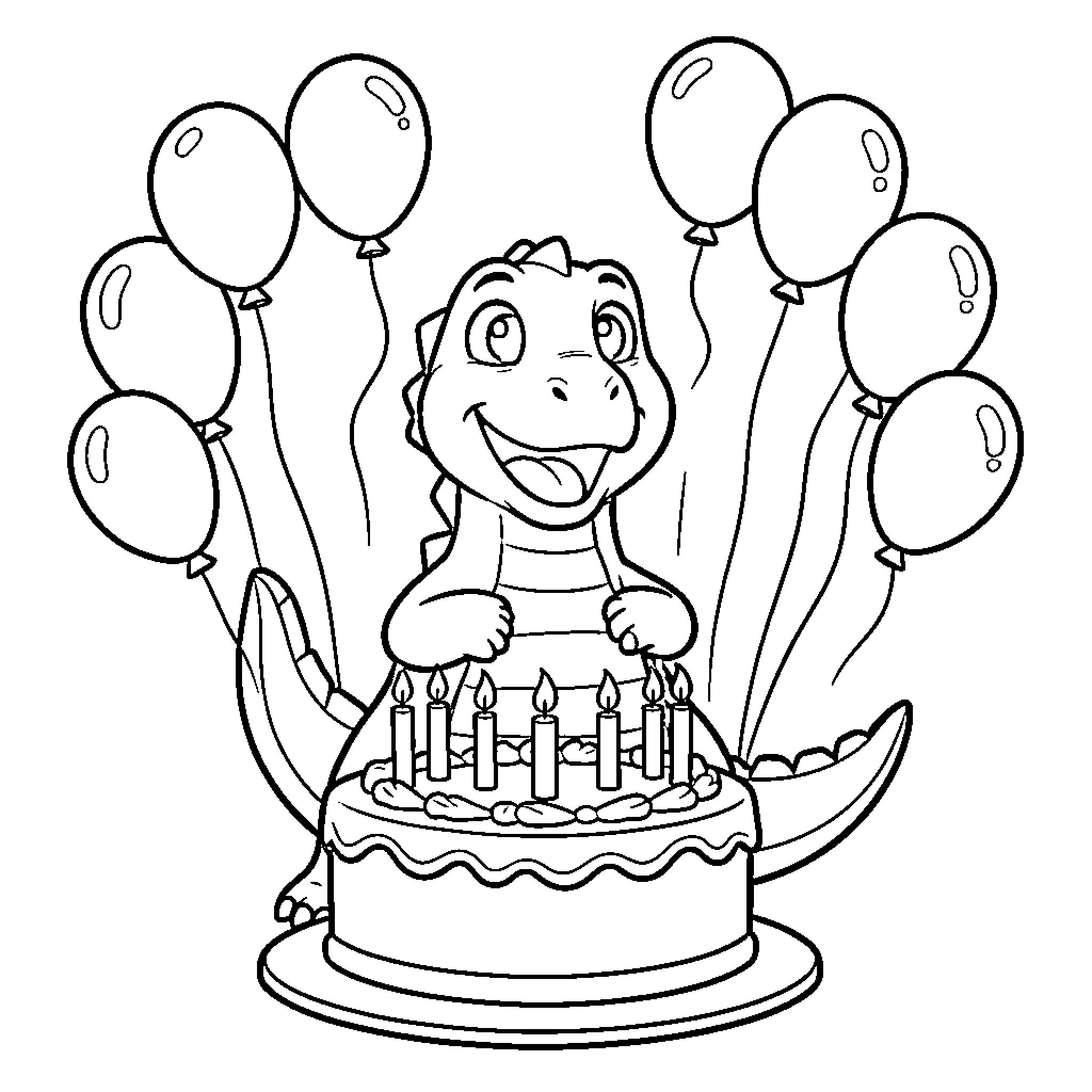Dinosaur celebrating birthday with cake and balloons Coloring Page (free black-and-white line drawing printable PDF for all, from beginners to advanced learners, including children, teens, adults, and seniors)