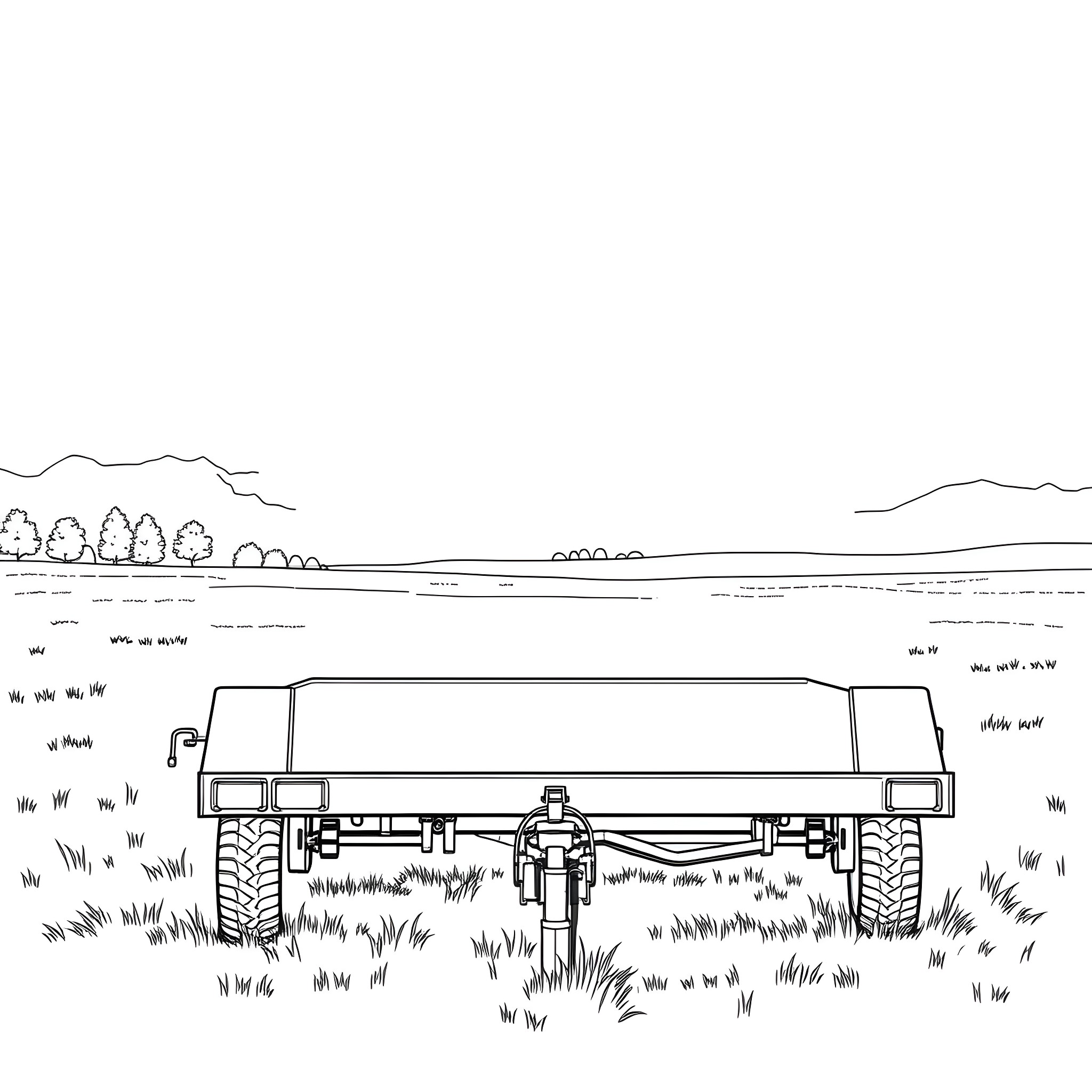 Car Trailer on Grassy Field with Scenic Landscape Coloring Page (free black-and-white line drawing printable PDF for all, from beginners to advanced learners, including children, teens, adults, and seniors)