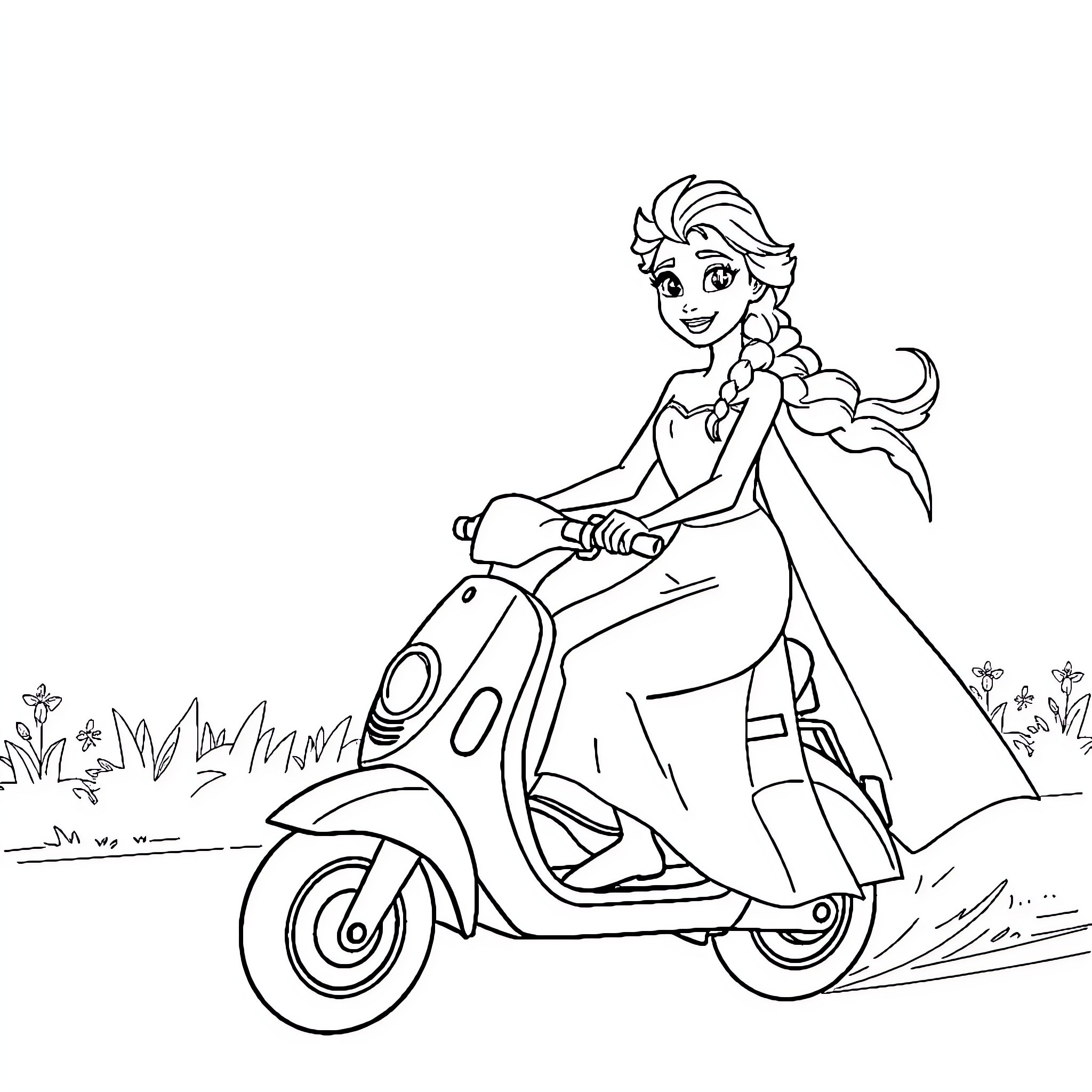 Elsa riding a scooter through a floral landscape Coloring Page (free black-and-white line drawing printable PDF for all, from beginners to advanced learners, including children, teens, adults, and seniors)