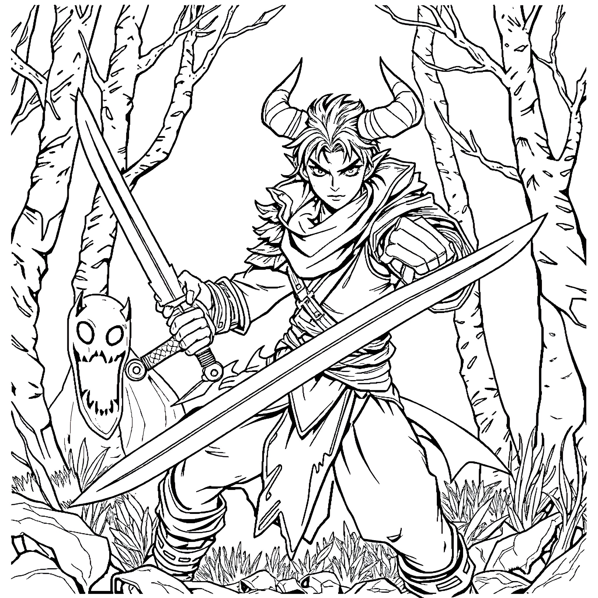 Demon Slayer warrior wielding sword in forest Coloring Page (free black-and-white line drawing printable PDF for all, from beginners to advanced learners, including children, teens, adults, and seniors)