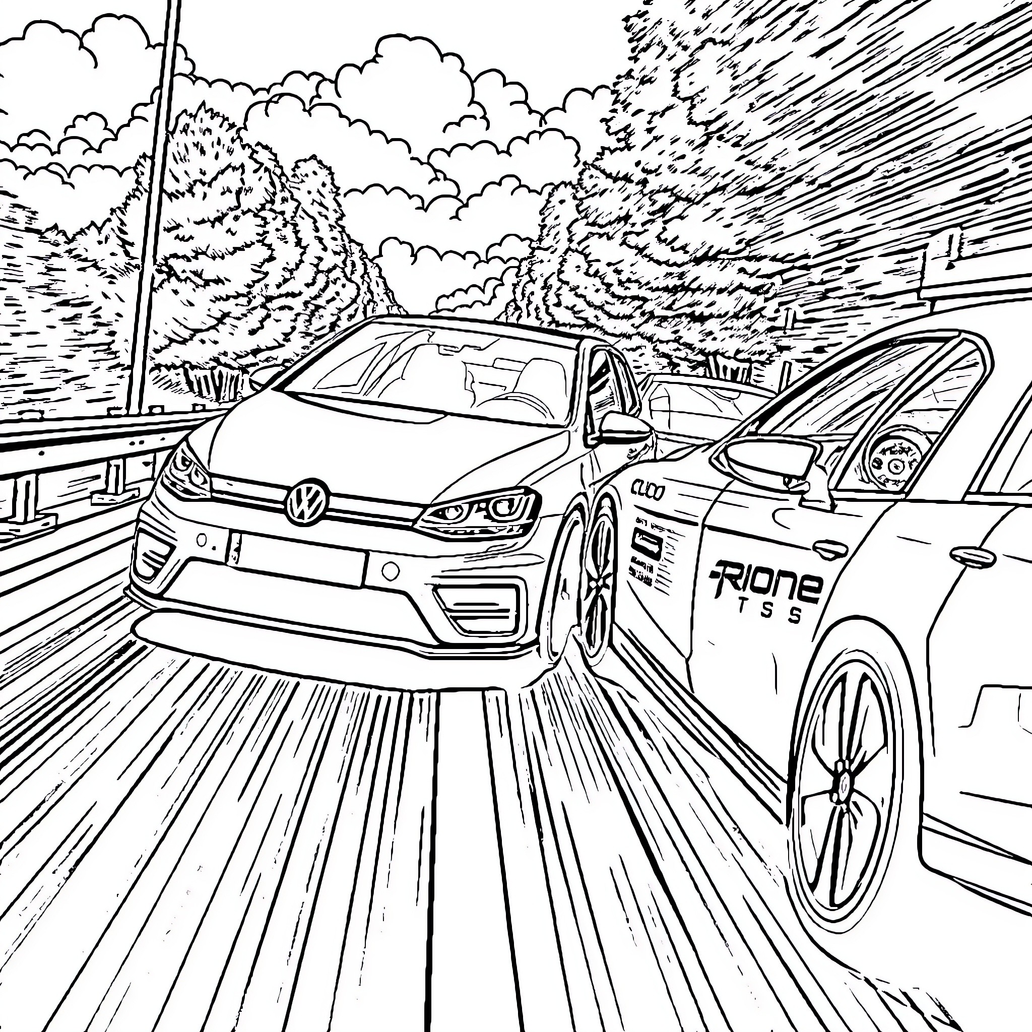 Golf cars speeding on mountain road Coloring Page (free black-and-white line drawing printable PDF for all, from beginners to advanced learners, including children, teens, adults, and seniors)
