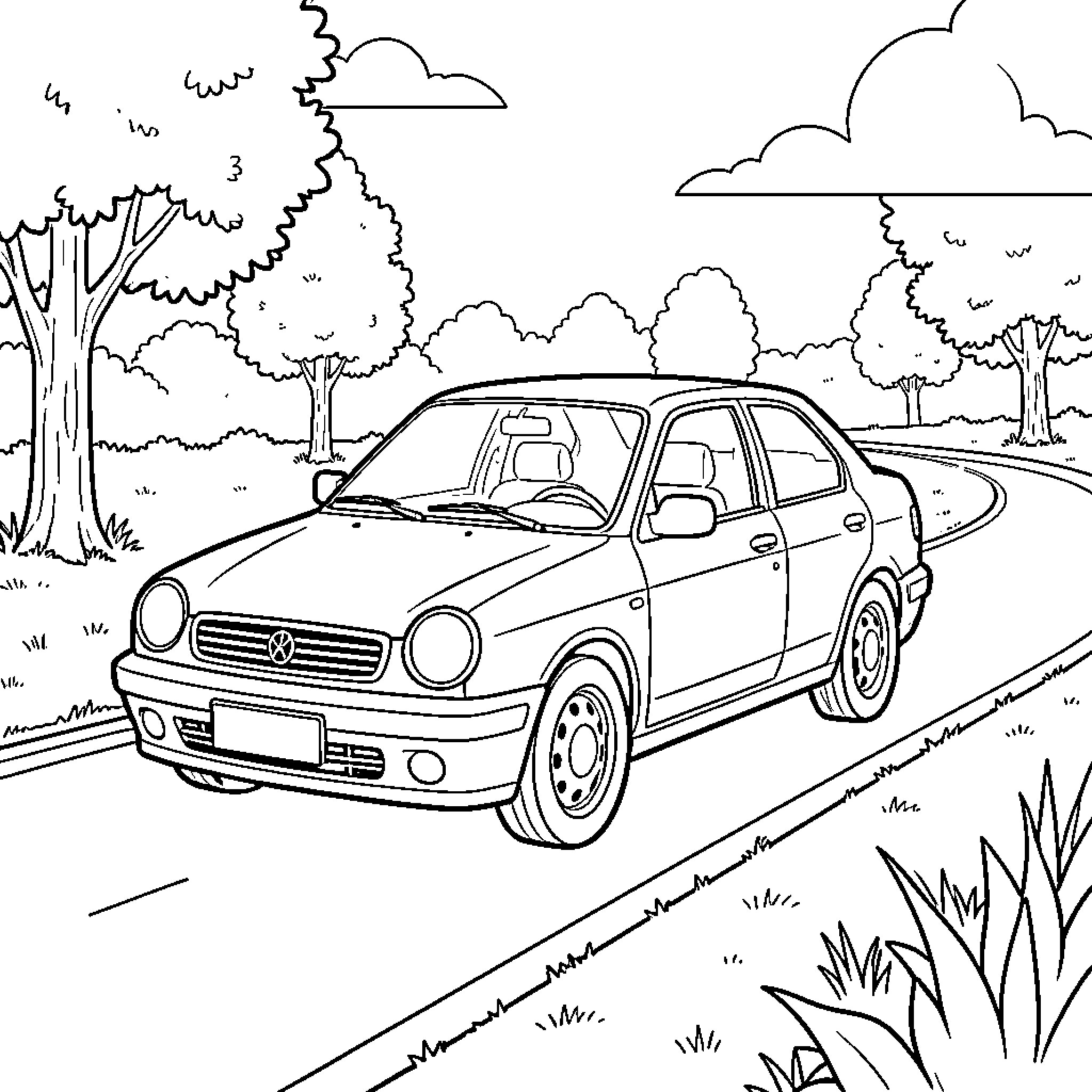 Car driving along a scenic road through trees Coloring Page (free black-and-white line drawing printable PDF for all, from beginners to advanced learners, including children, teens, adults, and seniors)