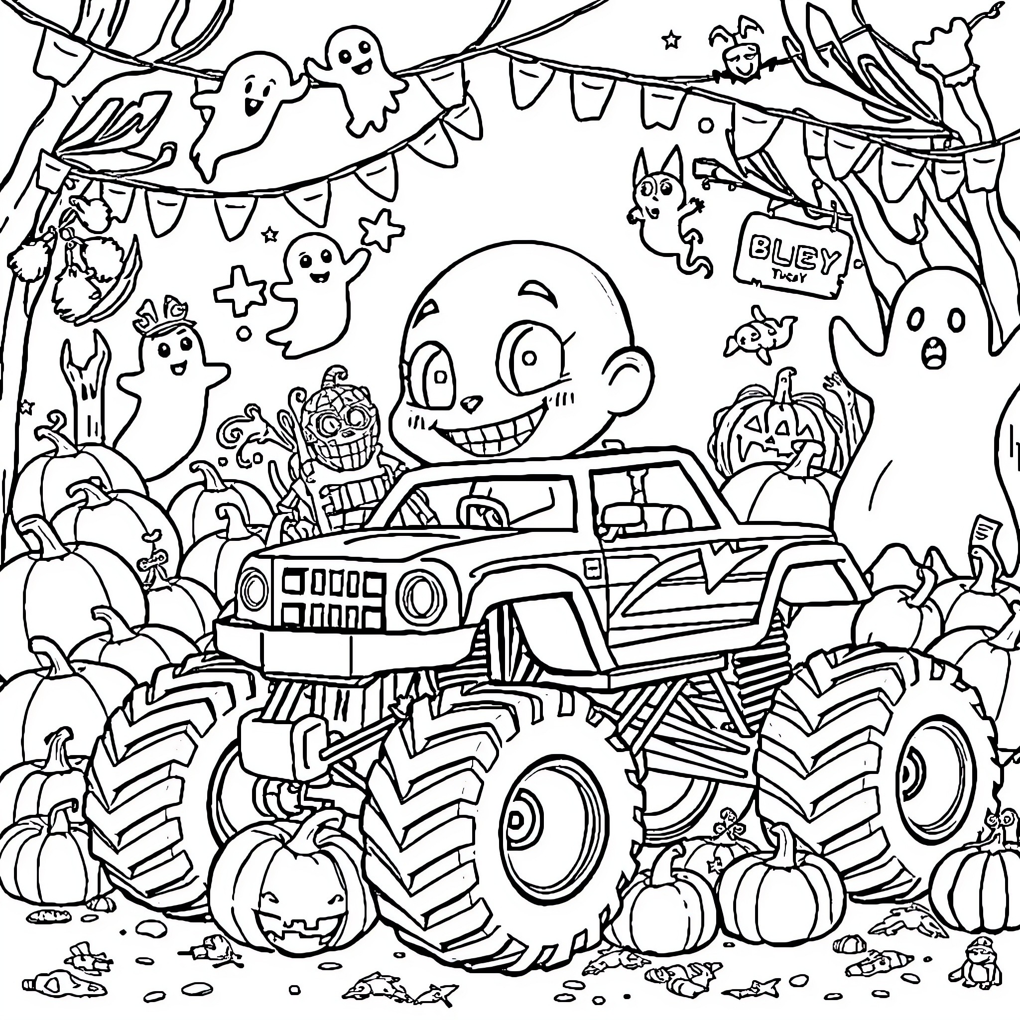 Bluey's Spooky Monster Truck Adventure Coloring Page (free black-and-white line drawing printable PDF for all, from beginners to advanced learners, including children, teens, adults, and seniors)