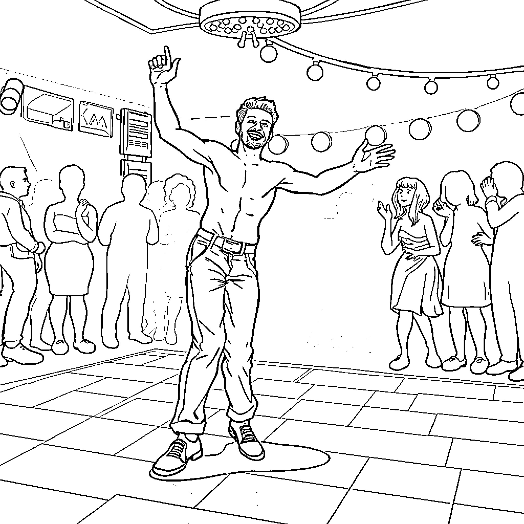 Guy dancing joyfully at a party with friends Coloring Page (free black-and-white line drawing printable PDF for all, from beginners to advanced learners, including children, teens, adults, and seniors)