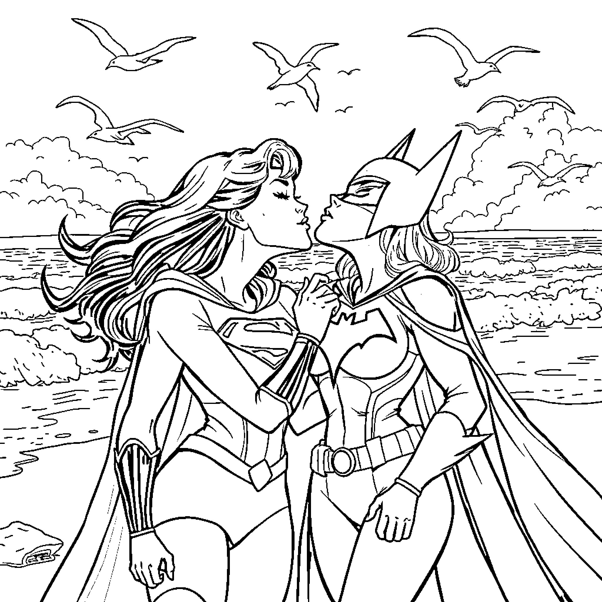 Supergirl and Batman sharing a moment on the beach Coloring Page (free black-and-white line drawing printable PDF for all, from beginners to advanced learners, including children, teens, adults, and seniors)