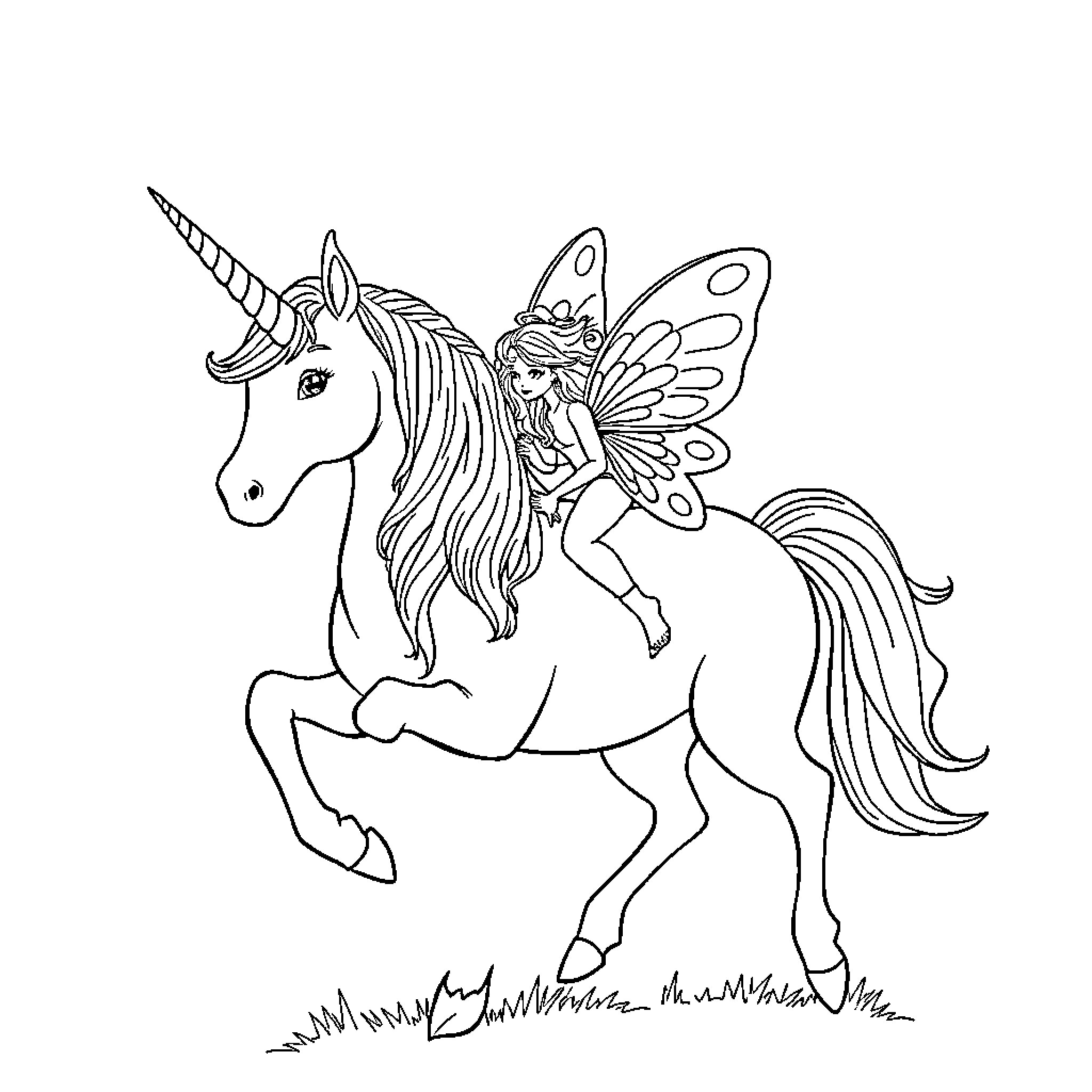 Fairy riding a magical unicorn in the meadow Coloring Page (free black-and-white line drawing printable PDF for all, from beginners to advanced learners, including children, teens, adults, and seniors)
