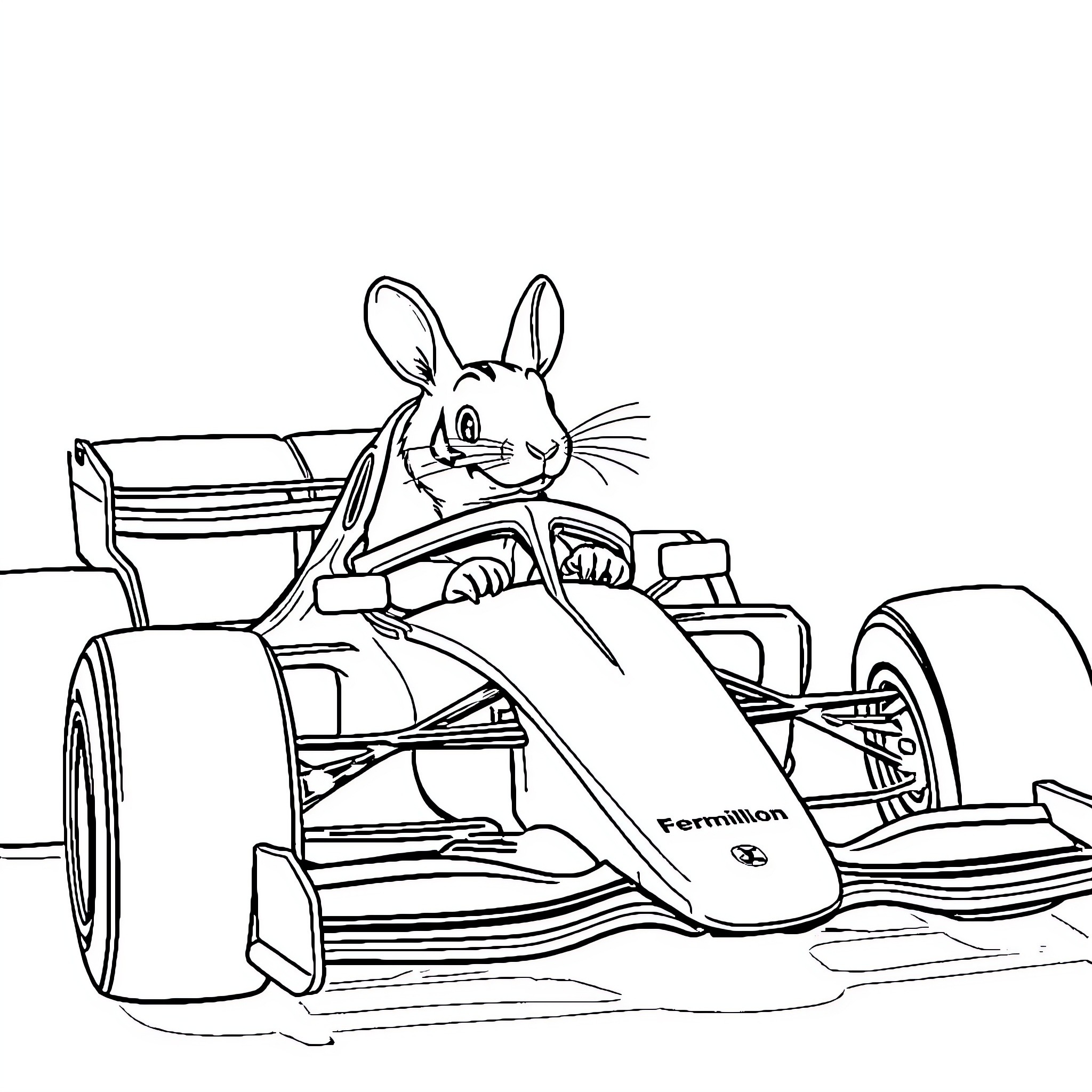 Raccoon driving a racing car with excitement Coloring Page (free black-and-white line drawing printable PDF for all, from beginners to advanced learners, including children, teens, adults, and seniors)