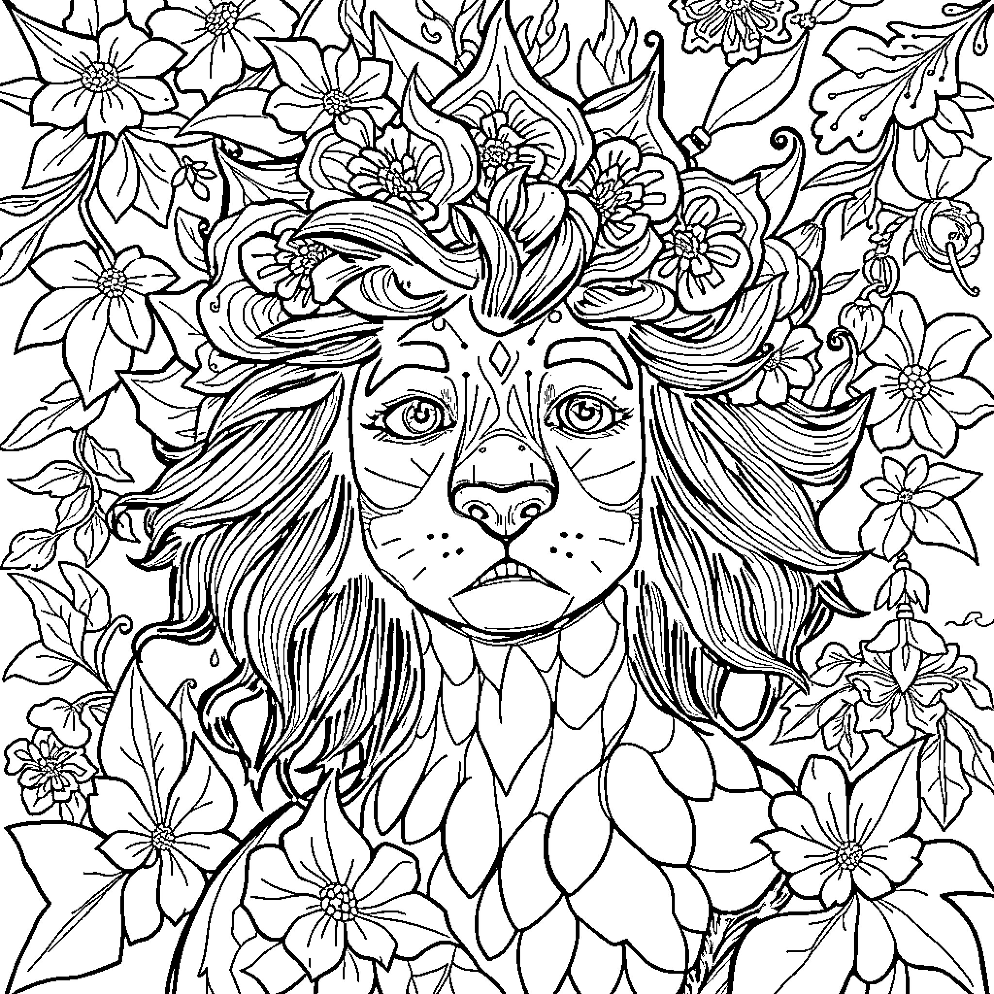 PDF Floral Themed Lion Portrait with Intricate Patterns Coloring Page (free black-and-white line drawing printable PDF for all, from beginners to advanced learners, including children, teens, adults, and seniors)