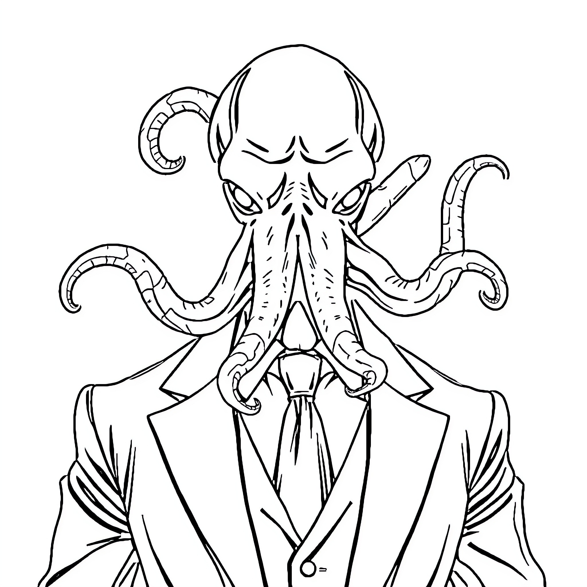 Cthulhu in a Suit: Otherworldly Business Coloring Page (free black-and-white line drawing printable PDF for all, from beginners to advanced learners, including children, teens, adults, and seniors)