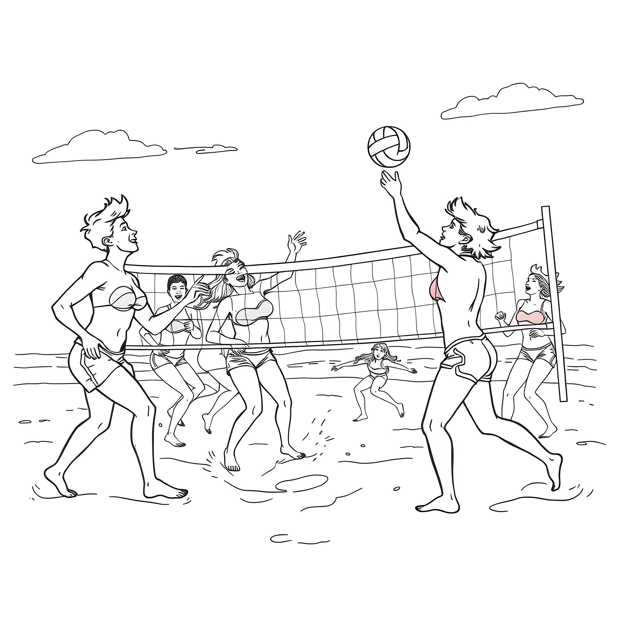 Volleyball players in action on the beach Coloring Page (free black-and-white line drawing printable PDF for all, from beginners to advanced learners, including children, teens, adults, and seniors)