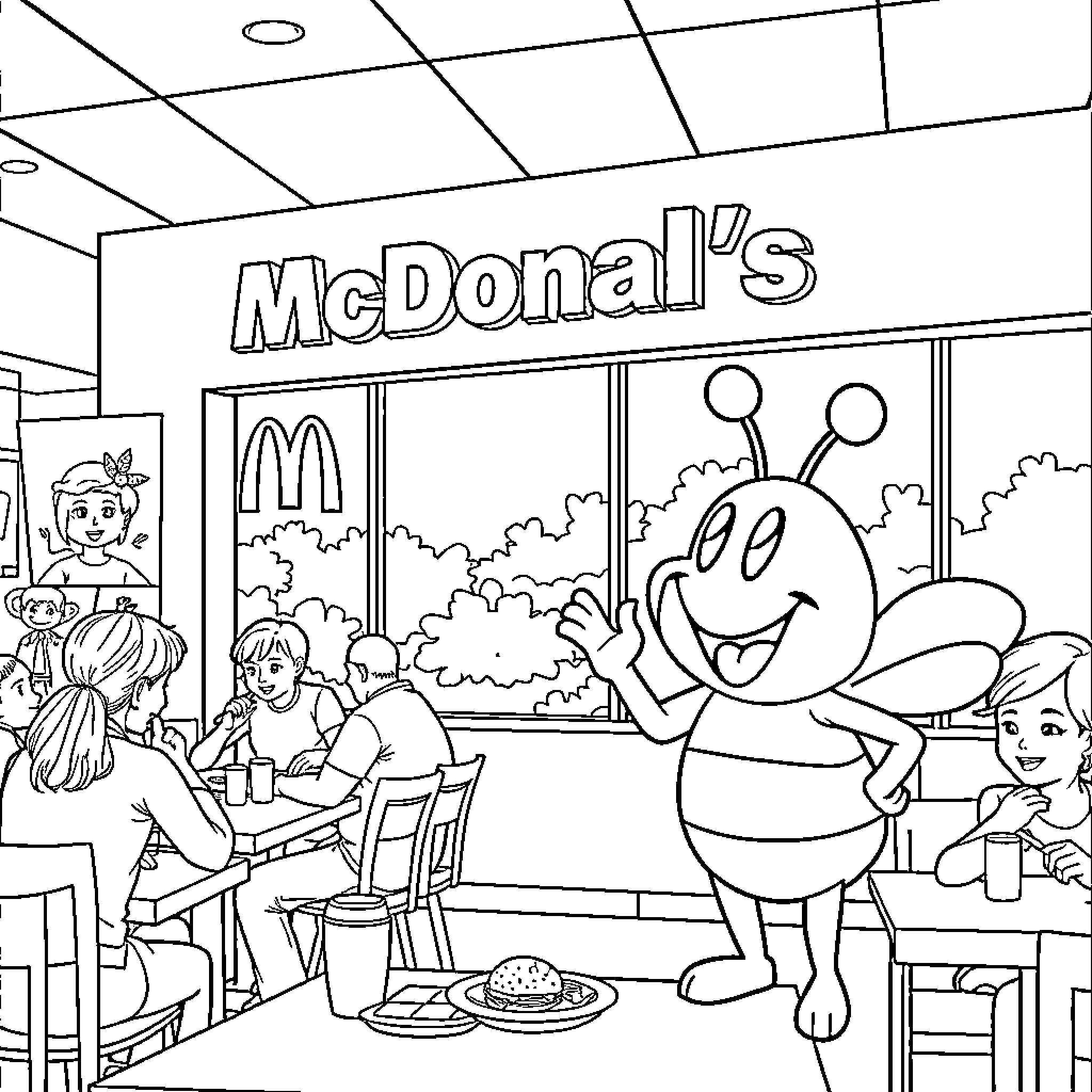 McDonald's customers enjoying their meals with a friendly mascot Coloring Page (free black-and-white line drawing printable PDF for all, from beginners to advanced learners, including children, teens, adults, and seniors)