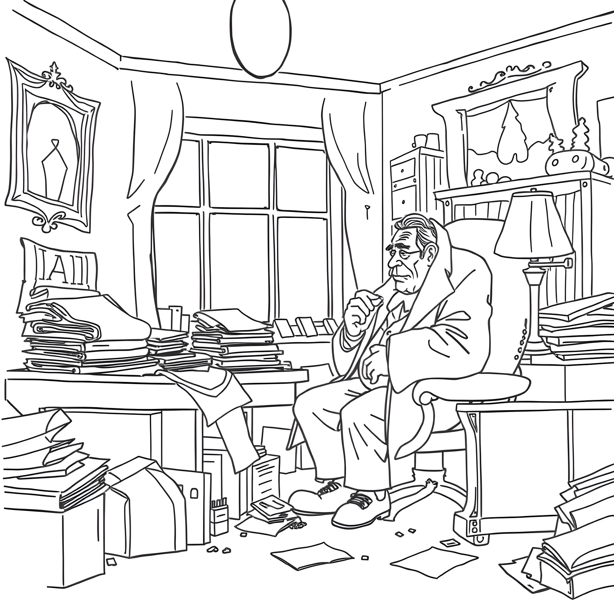 Ebenezer Scrooge contemplating in his cluttered office Coloring Page (free black-and-white line drawing printable PDF for all, from beginners to advanced learners, including children, teens, adults, and seniors)