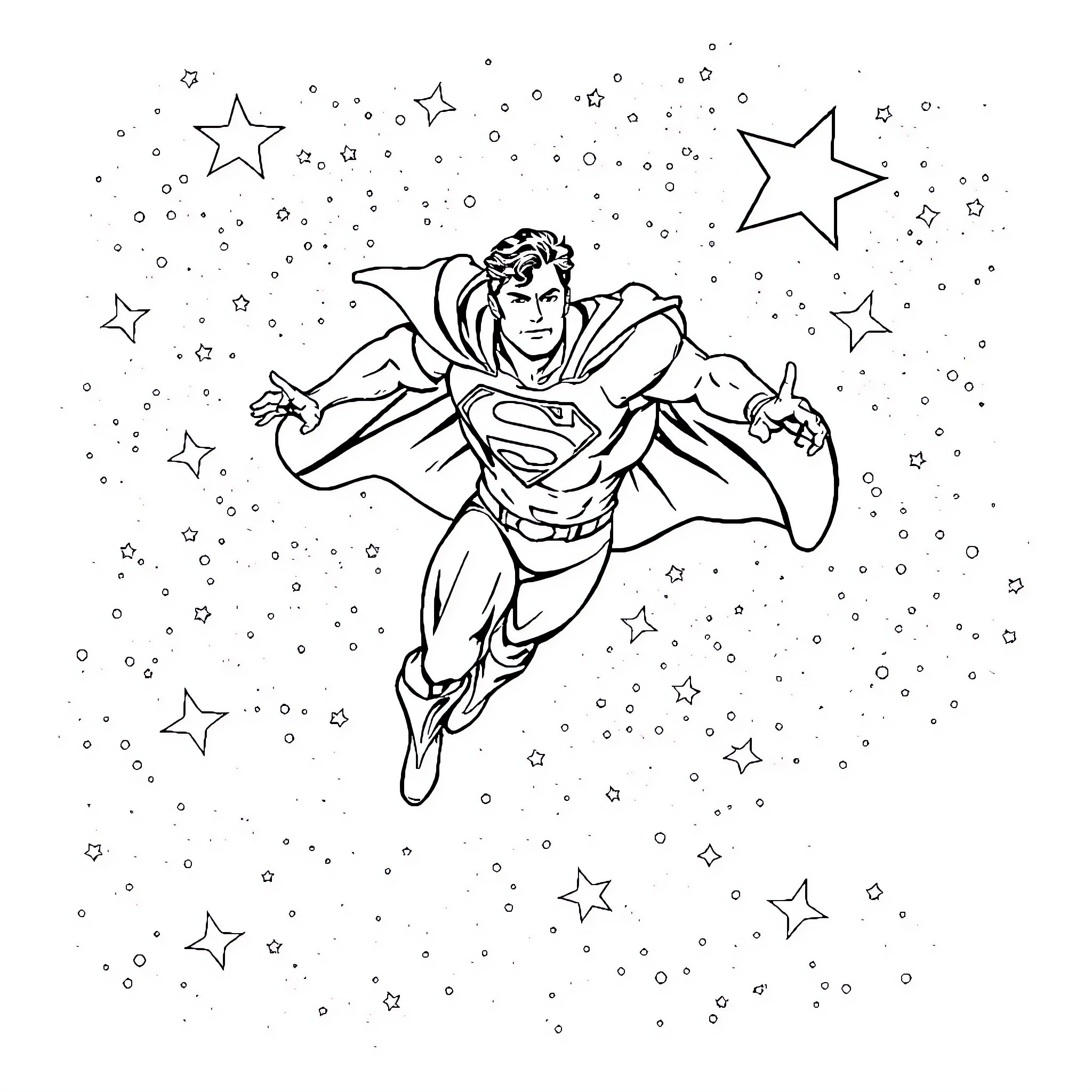 Superman soaring through the starry night sky Coloring Page (free black-and-white line drawing printable PDF for all, from beginners to advanced learners, including children, teens, adults, and seniors)