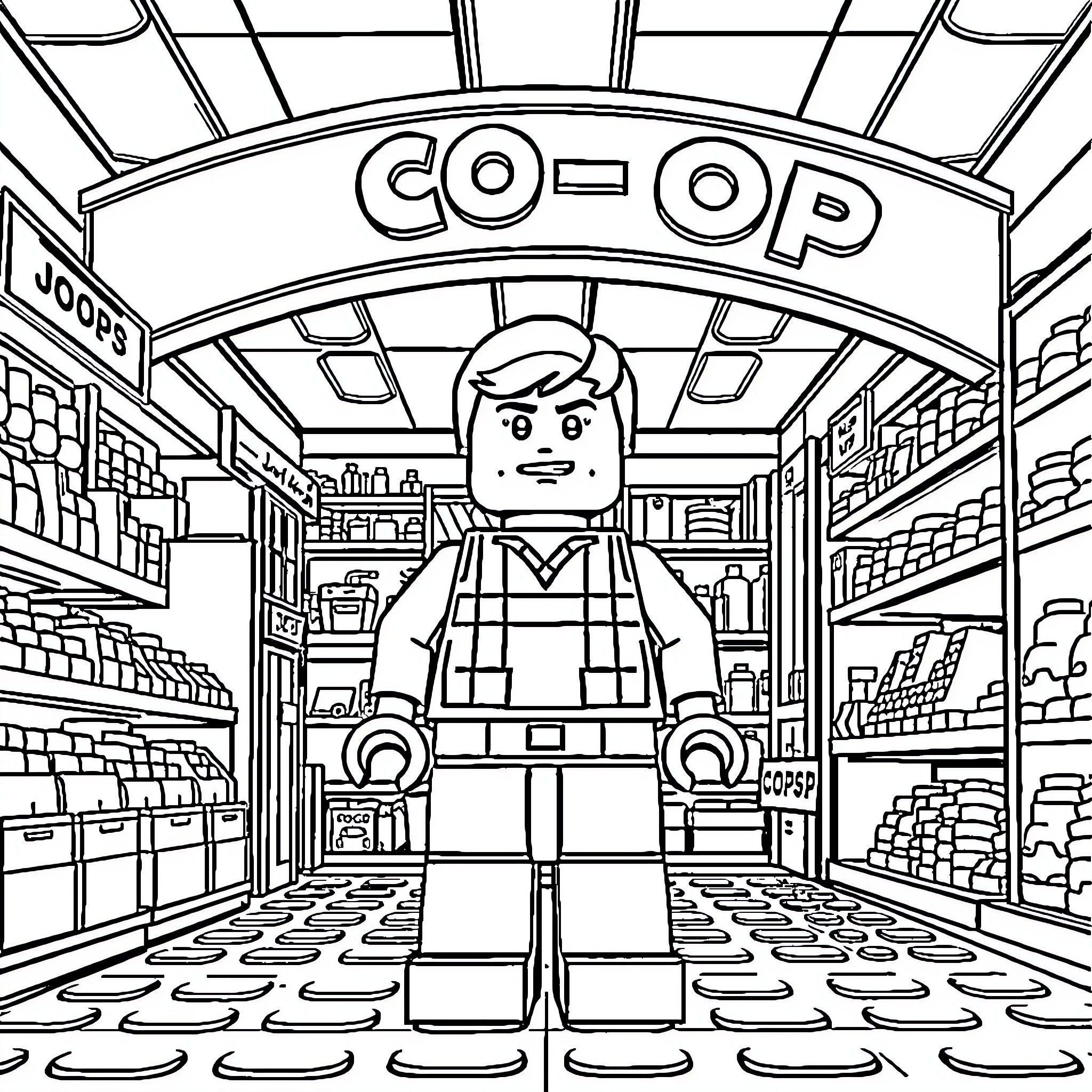 Lego Man working in a grocery store Coloring Page (free black-and-white line drawing printable PDF for all, from beginners to advanced learners, including children, teens, adults, and seniors)