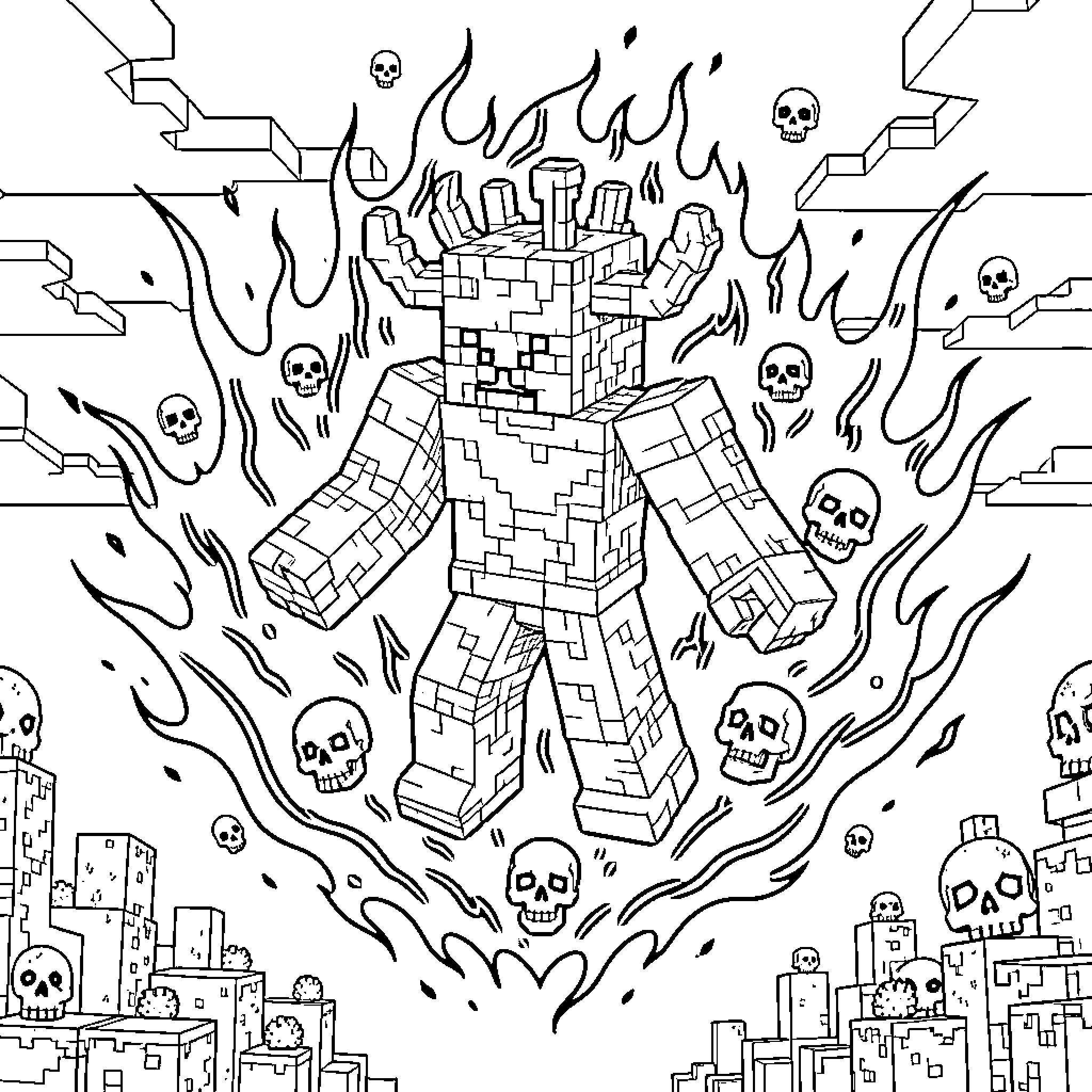Wither Destruction in the City of Skulls Coloring Page (free black-and-white line drawing printable PDF for all, from beginners to advanced learners, including children, teens, adults, and seniors)