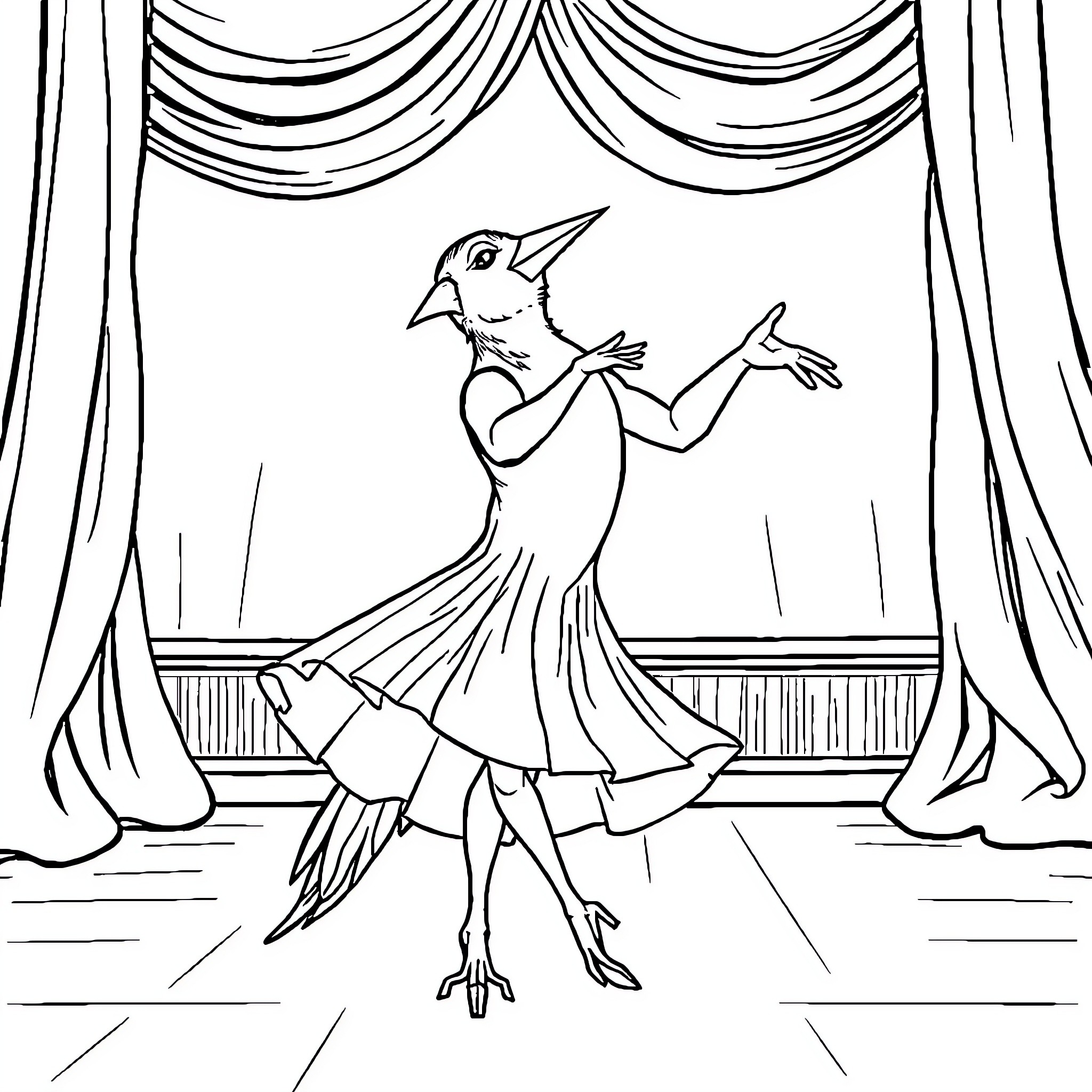 Parrot performer dancing on stage Coloring Page (free black-and-white line drawing printable PDF for all, from beginners to advanced learners, including children, teens, adults, and seniors)