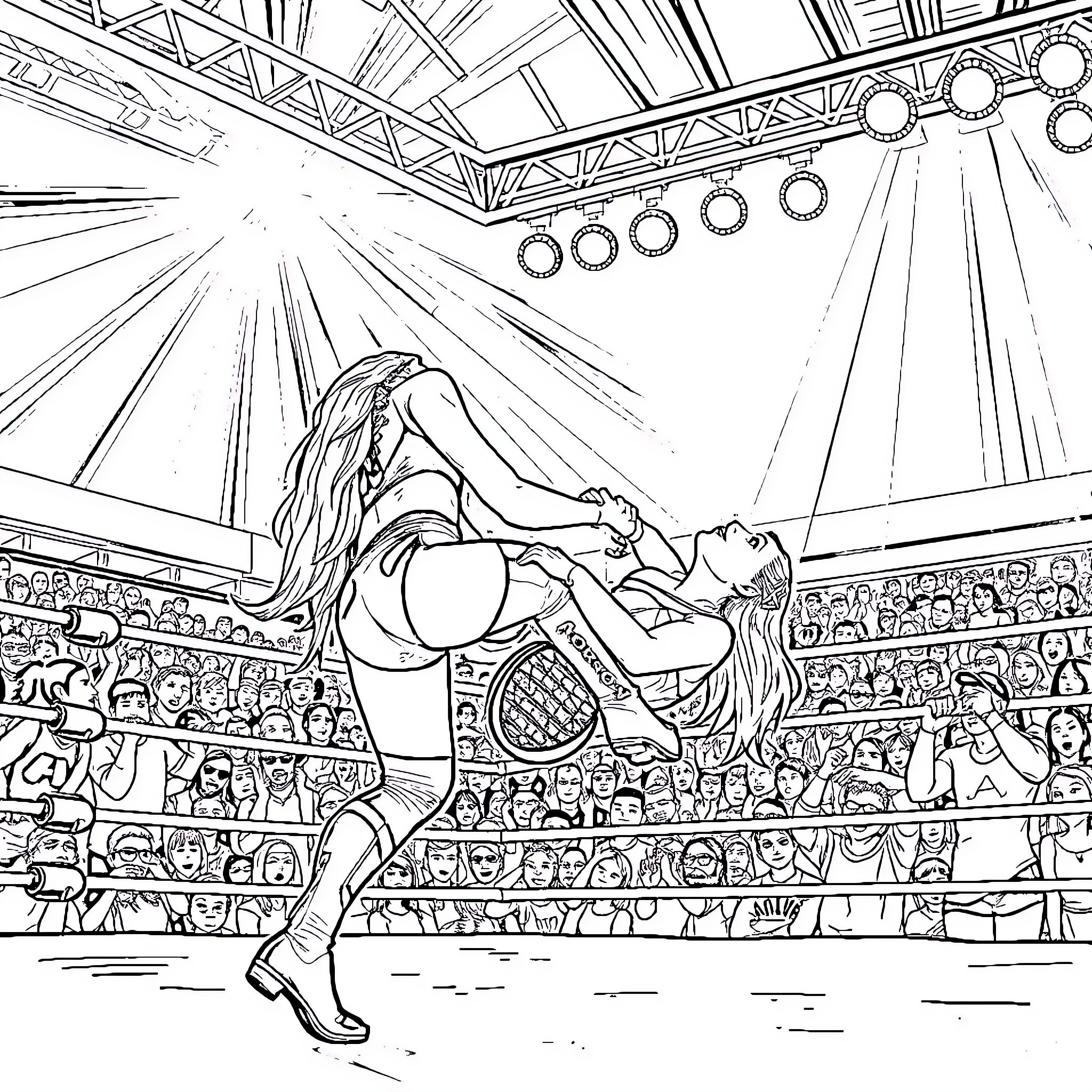 Liv Morgan's Dynamic Performance in the Wrestling Ring Coloring Page (free black-and-white line drawing printable PDF for all, from beginners to advanced learners, including children, teens, adults, and seniors)