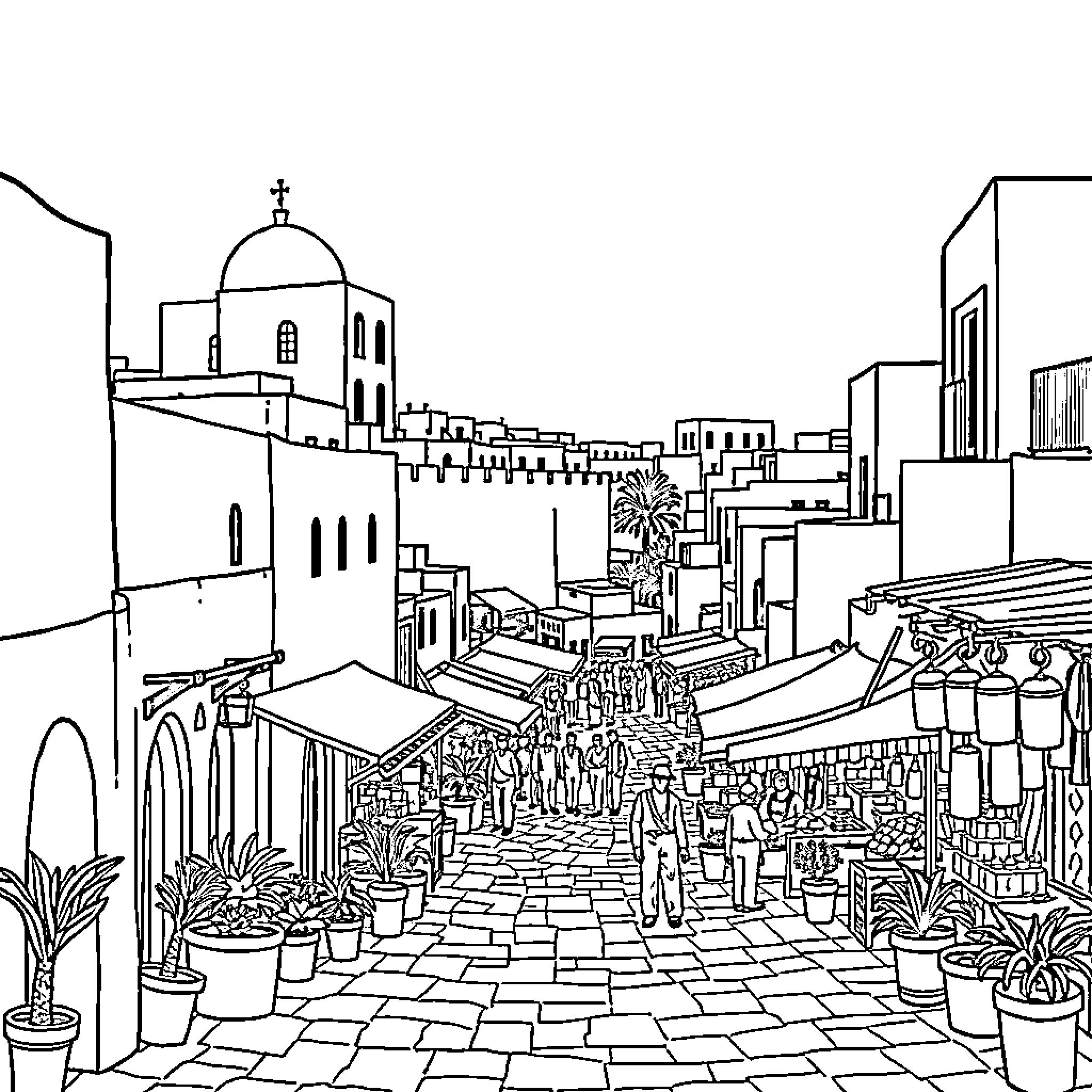 Essaouira: Bustling market scene in historical city Coloring Page (free black-and-white line drawing printable PDF for all, from beginners to advanced learners, including children, teens, adults, and seniors)