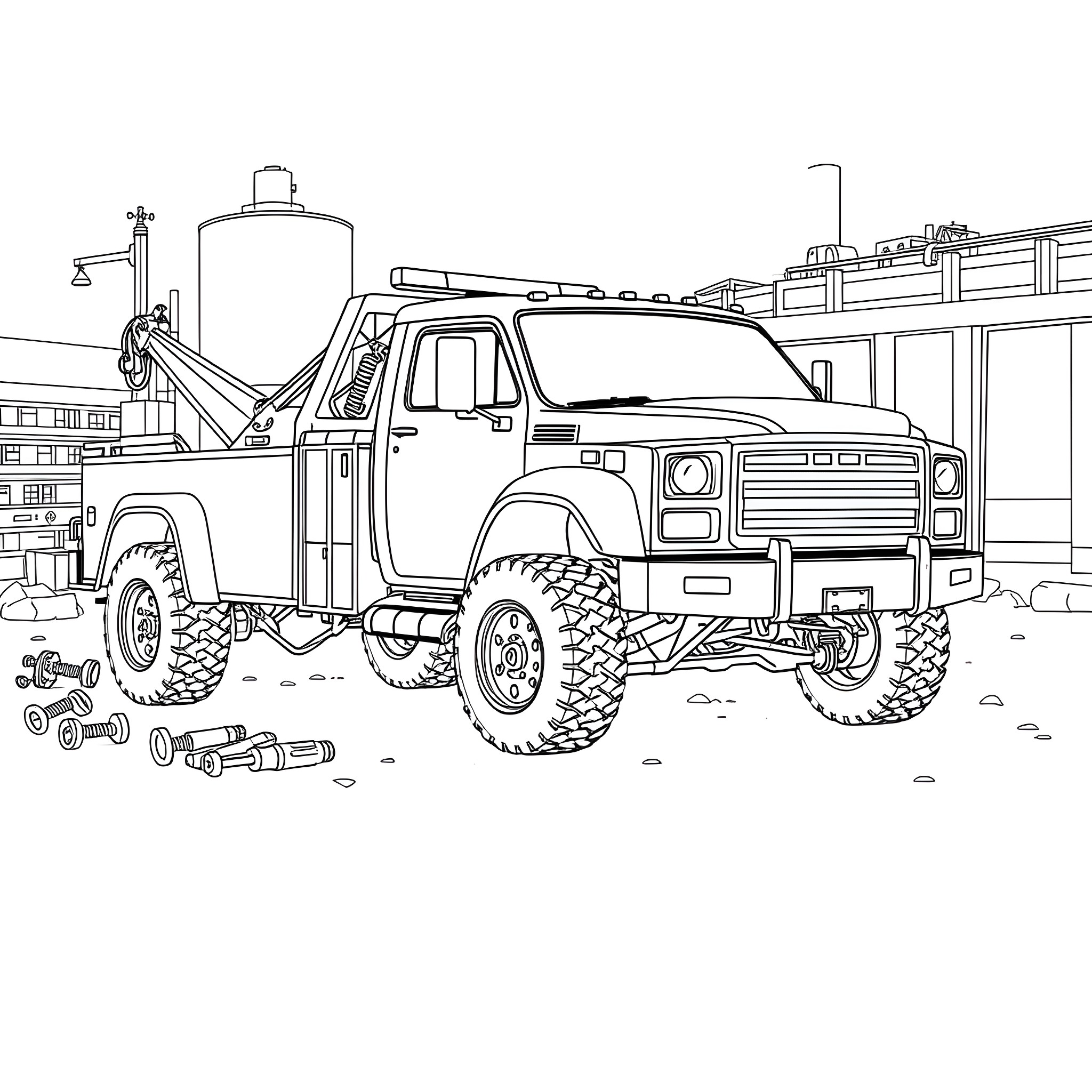 Wrecker truck on construction site Coloring Page (free black-and-white line drawing printable PDF for all, from beginners to advanced learners, including children, teens, adults, and seniors)
