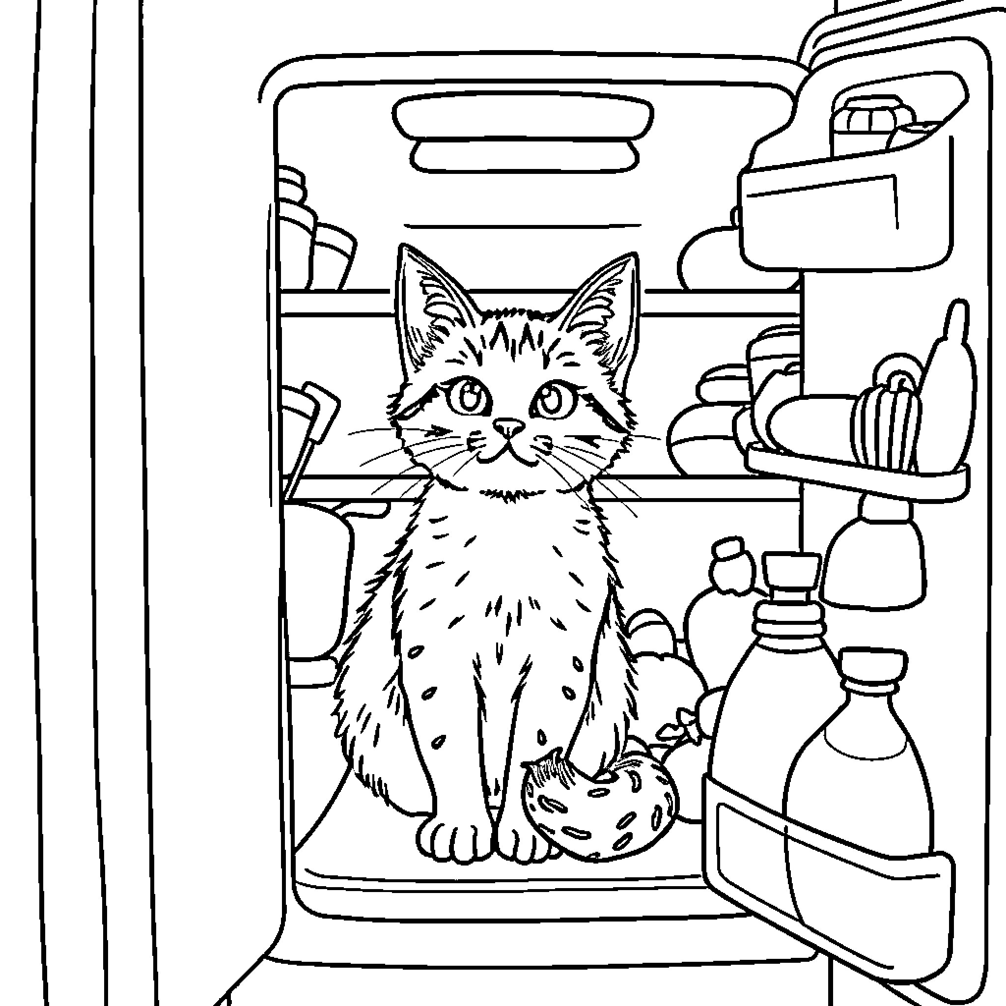 Cat peeking out of a cluttered refrigerator Coloring Page (free black-and-white line drawing printable PDF for all, from beginners to advanced learners, including children, teens, adults, and seniors)