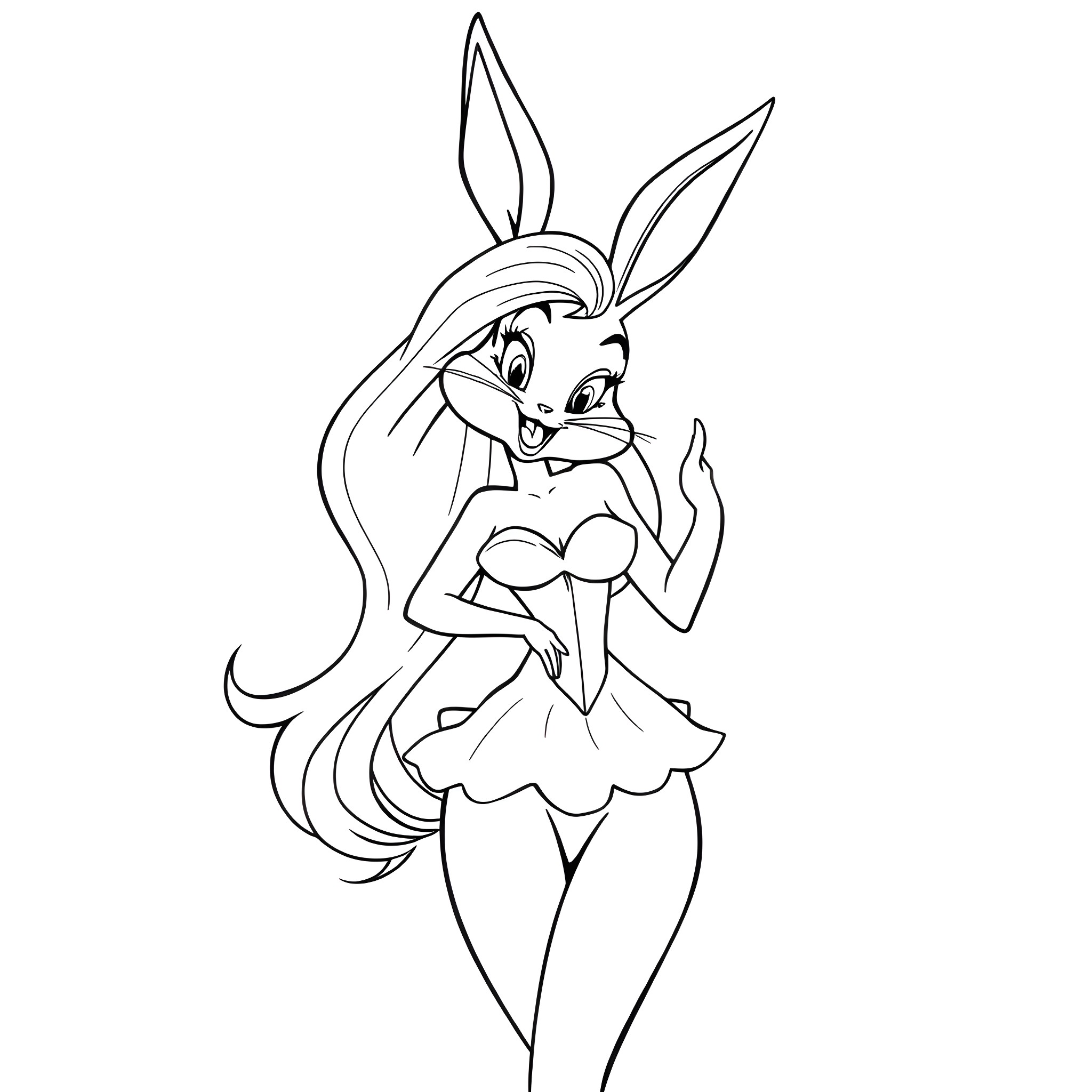 Jessica Rabbit posing in an elegant dress Coloring Page (free black-and-white line drawing printable PDF for all, from beginners to advanced learners, including children, teens, adults, and seniors)