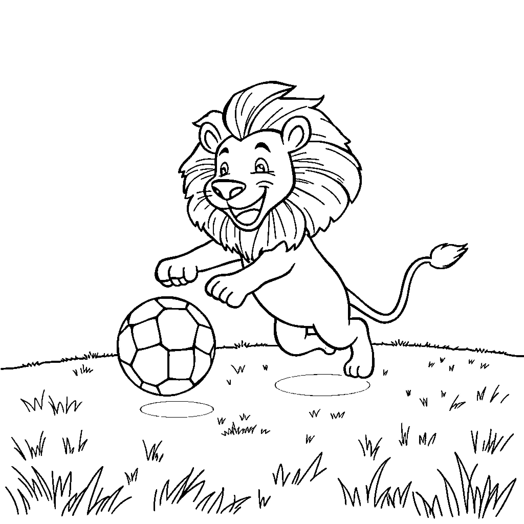 Lion playing with soccer ball in grassy field Coloring Page (free black-and-white line drawing printable PDF for all, from beginners to advanced learners, including children, teens, adults, and seniors)