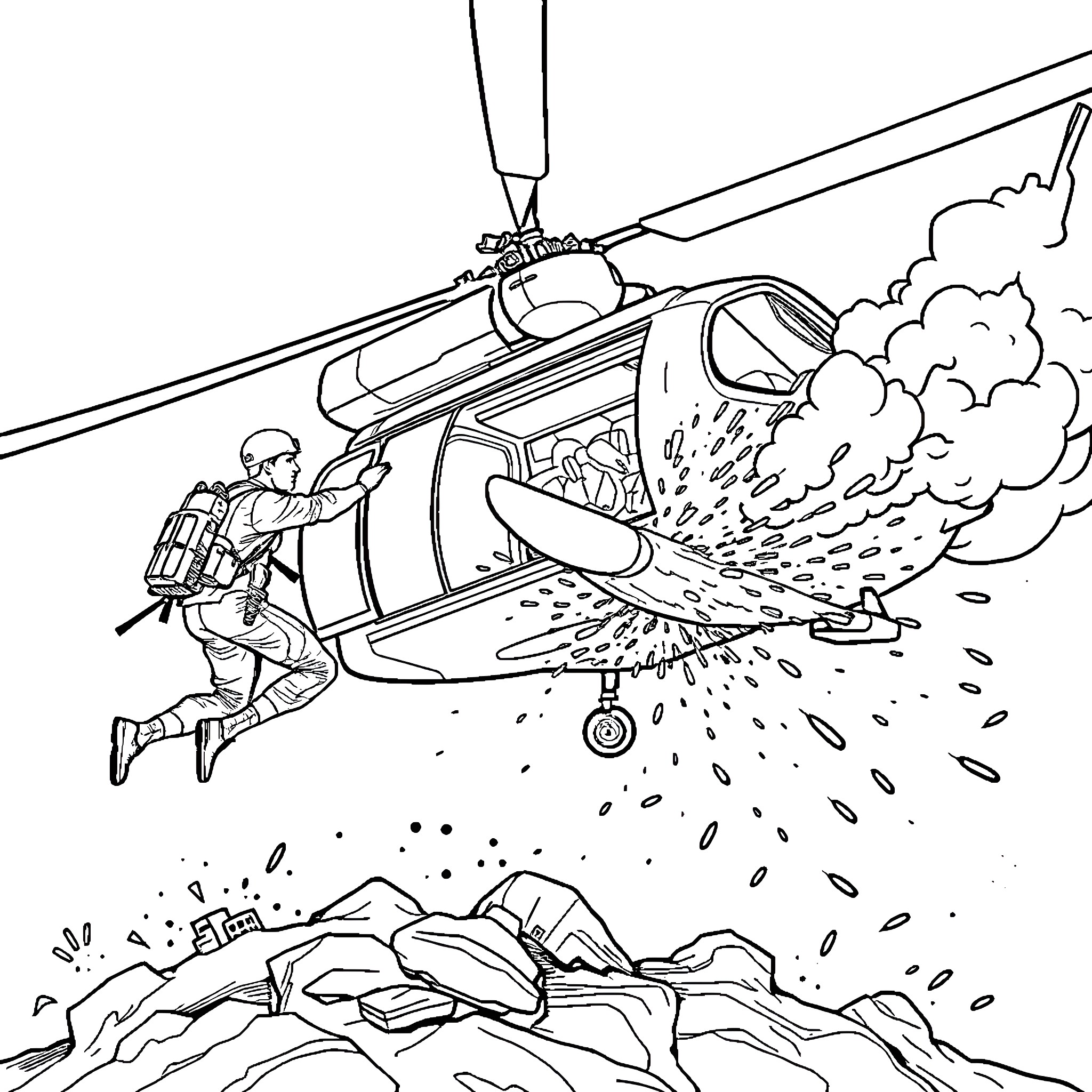 Army Guy Rescuing Soldier from Helicopter Crash Coloring Page (free black-and-white line drawing printable PDF for all, from beginners to advanced learners, including children, teens, adults, and seniors)