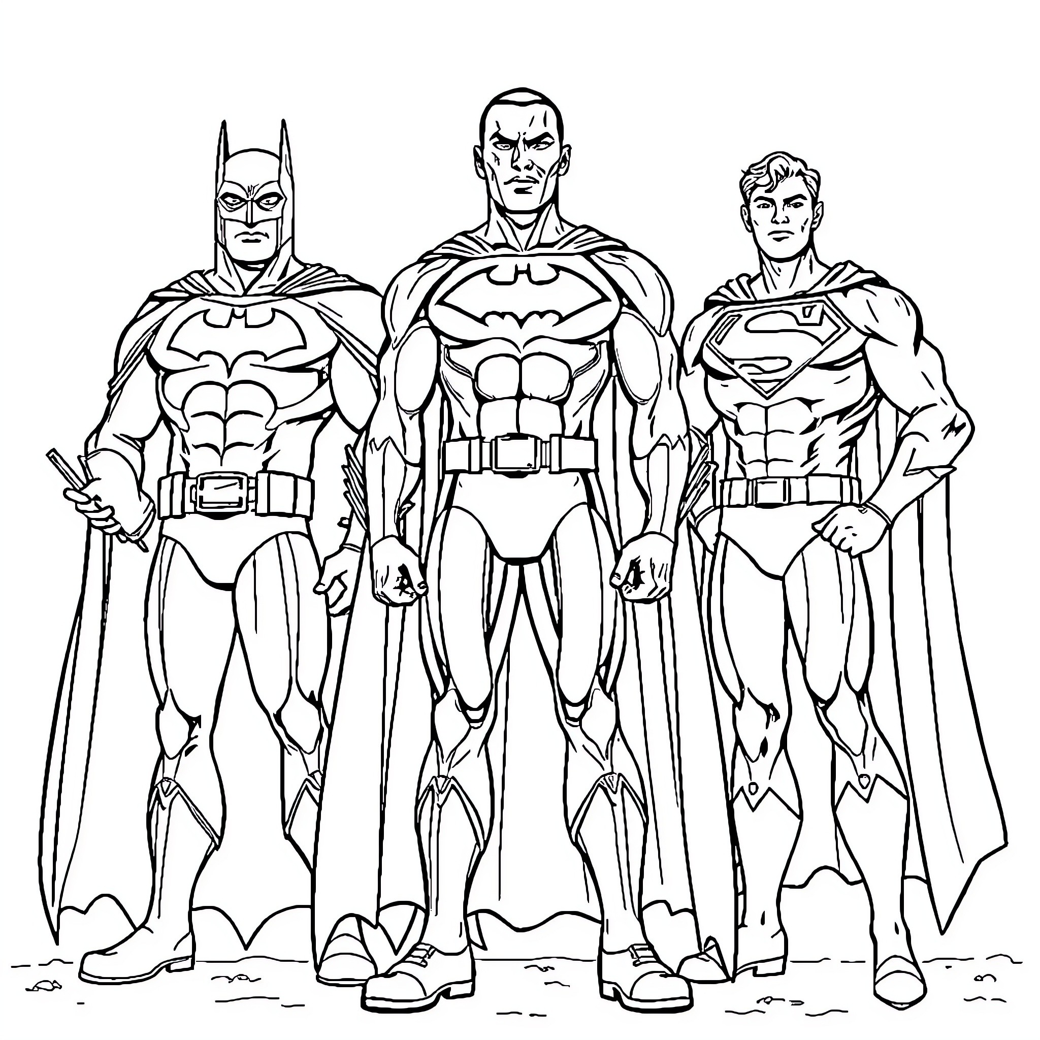Mbappe with iconic superhero characters in action poses Coloring Page (free black-and-white line drawing printable PDF for all, from beginners to advanced learners, including children, teens, adults, and seniors)