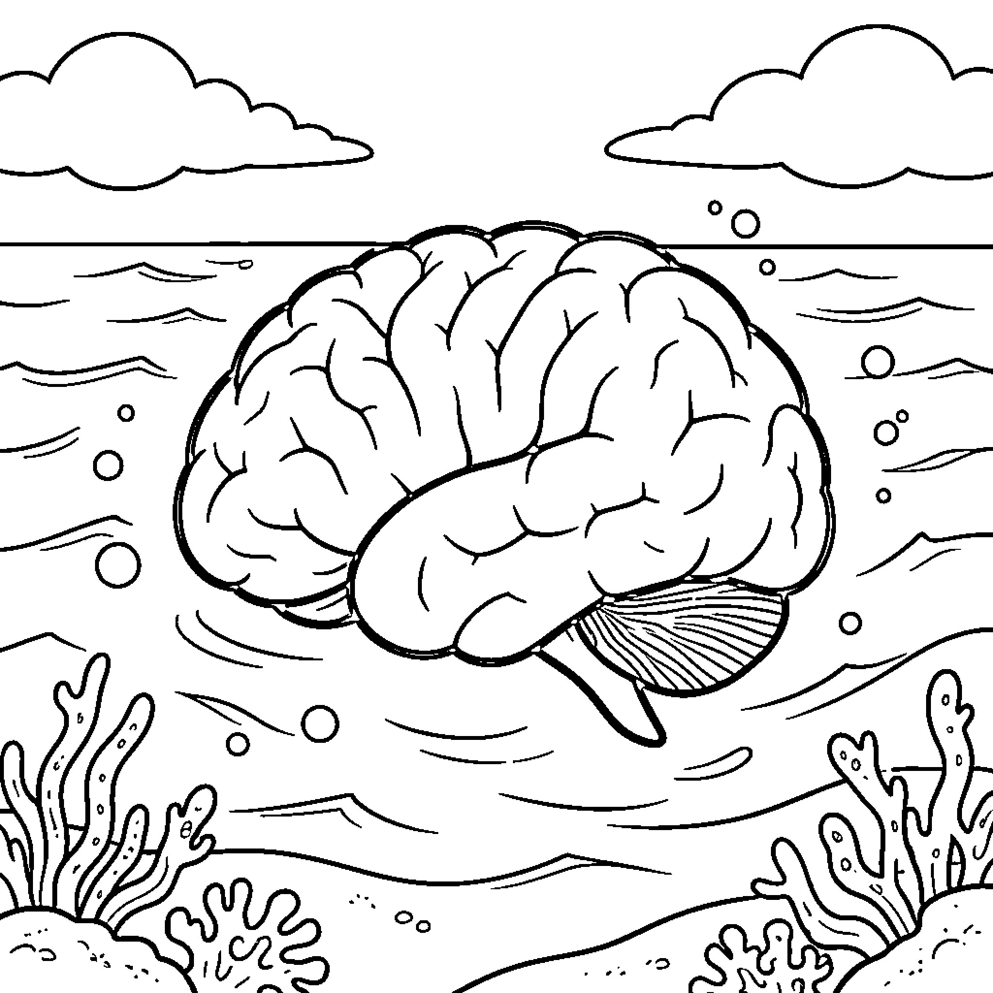 Hippocampus floating peacefully in an ocean setting Coloring Page (free black-and-white line drawing printable PDF for all, from beginners to advanced learners, including children, teens, adults, and seniors)