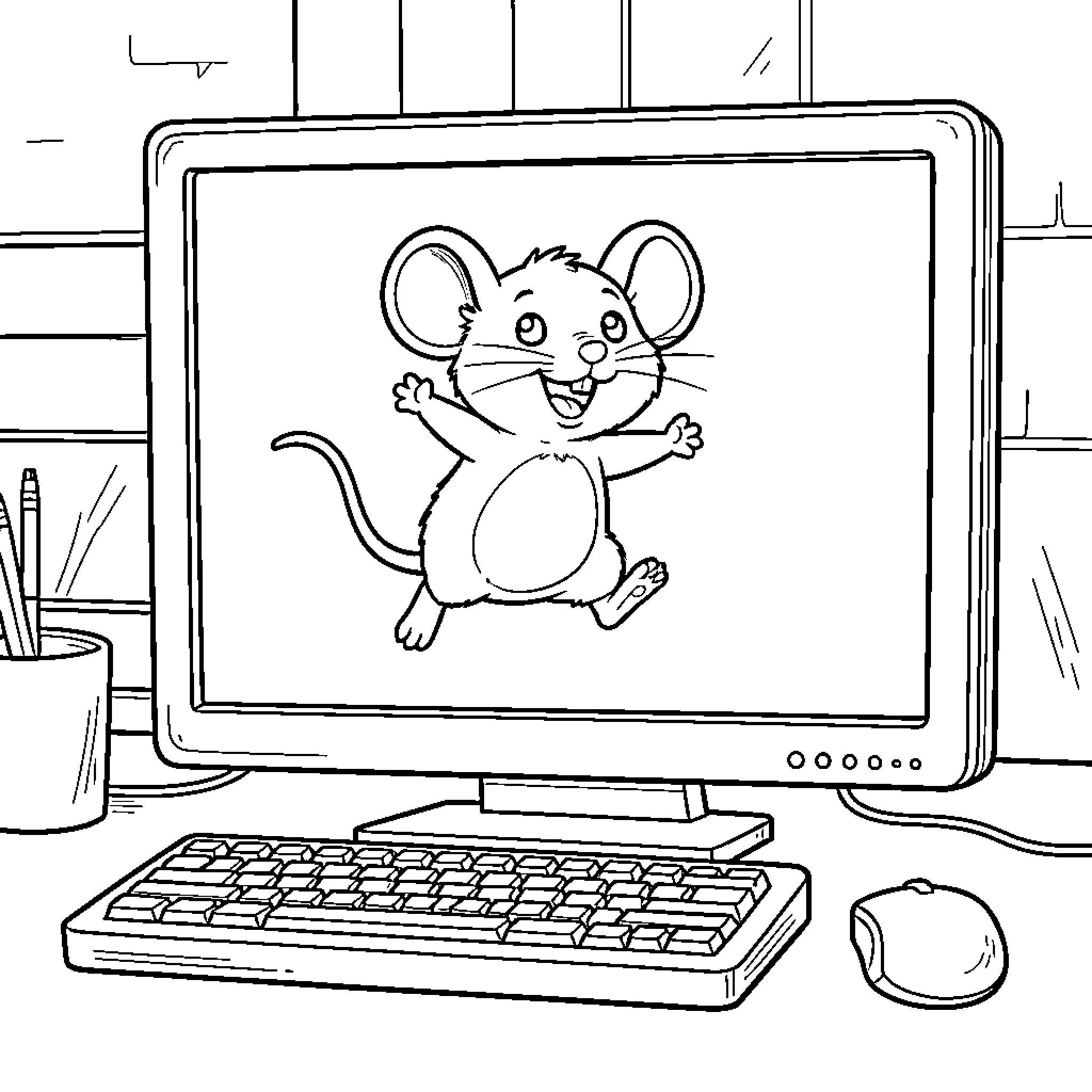 Mouse happily displayed on computer screen Coloring Page (free black-and-white line drawing printable PDF for all, from beginners to advanced learners, including children, teens, adults, and seniors)
