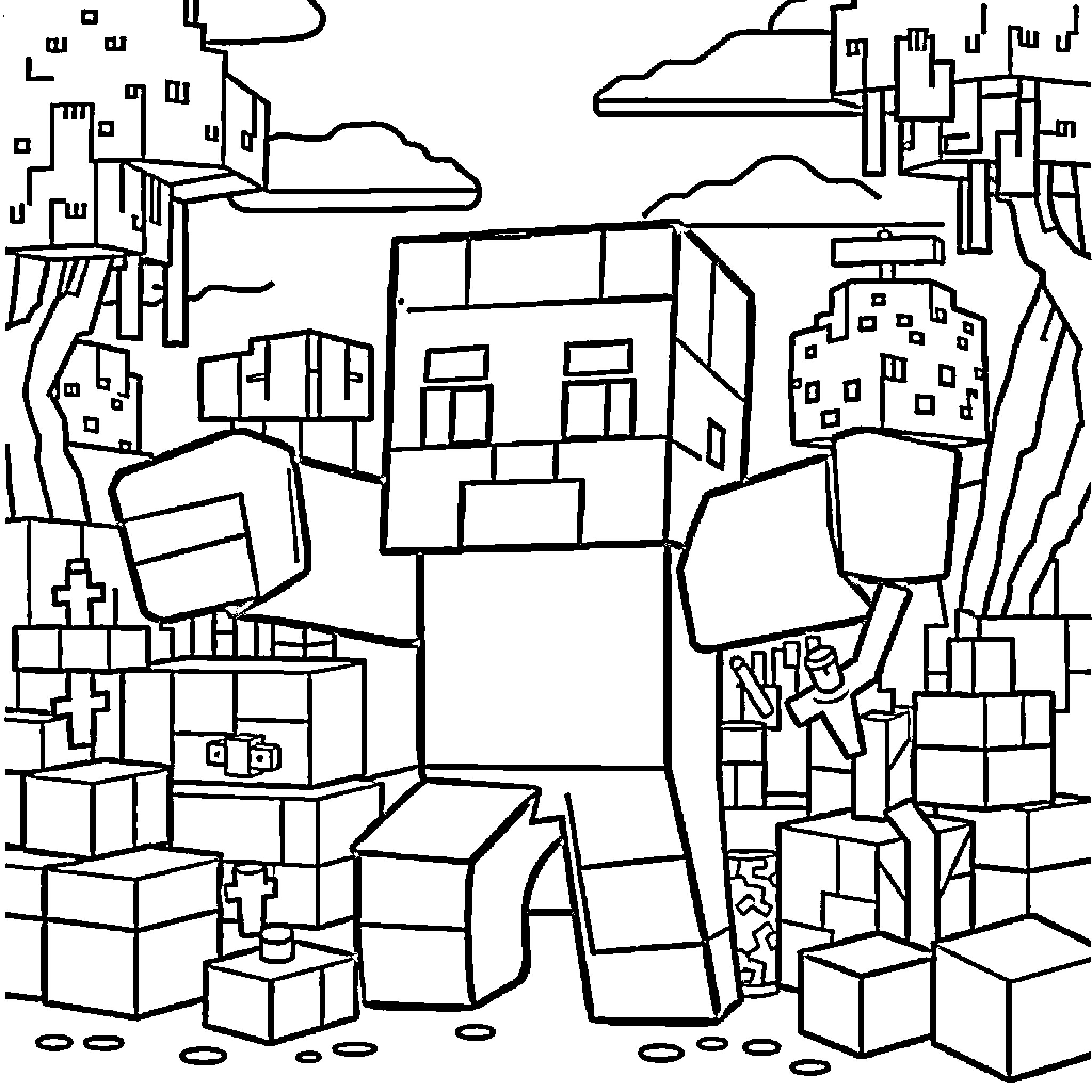 Minecraft scene of a blocky cityscape with buildings and structures Coloring Page (free black-and-white line drawing printable PDF for all, from beginners to advanced learners, including children, teens, adults, and seniors)