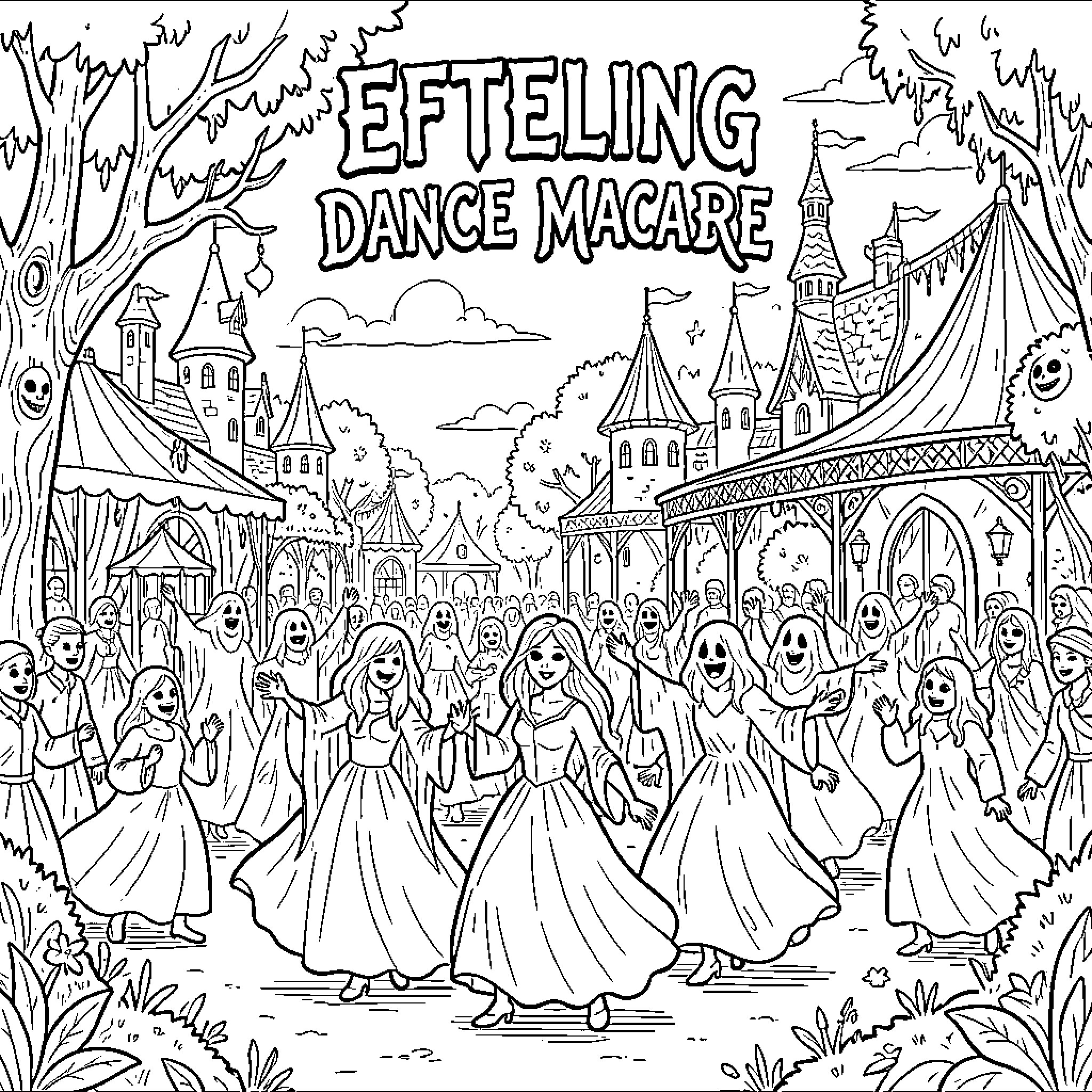 Dance Macabre: Ghostly Revels in a Fantastical Realm Coloring Page (free black-and-white line drawing printable PDF for all, from beginners to advanced learners, including children, teens, adults, and seniors)