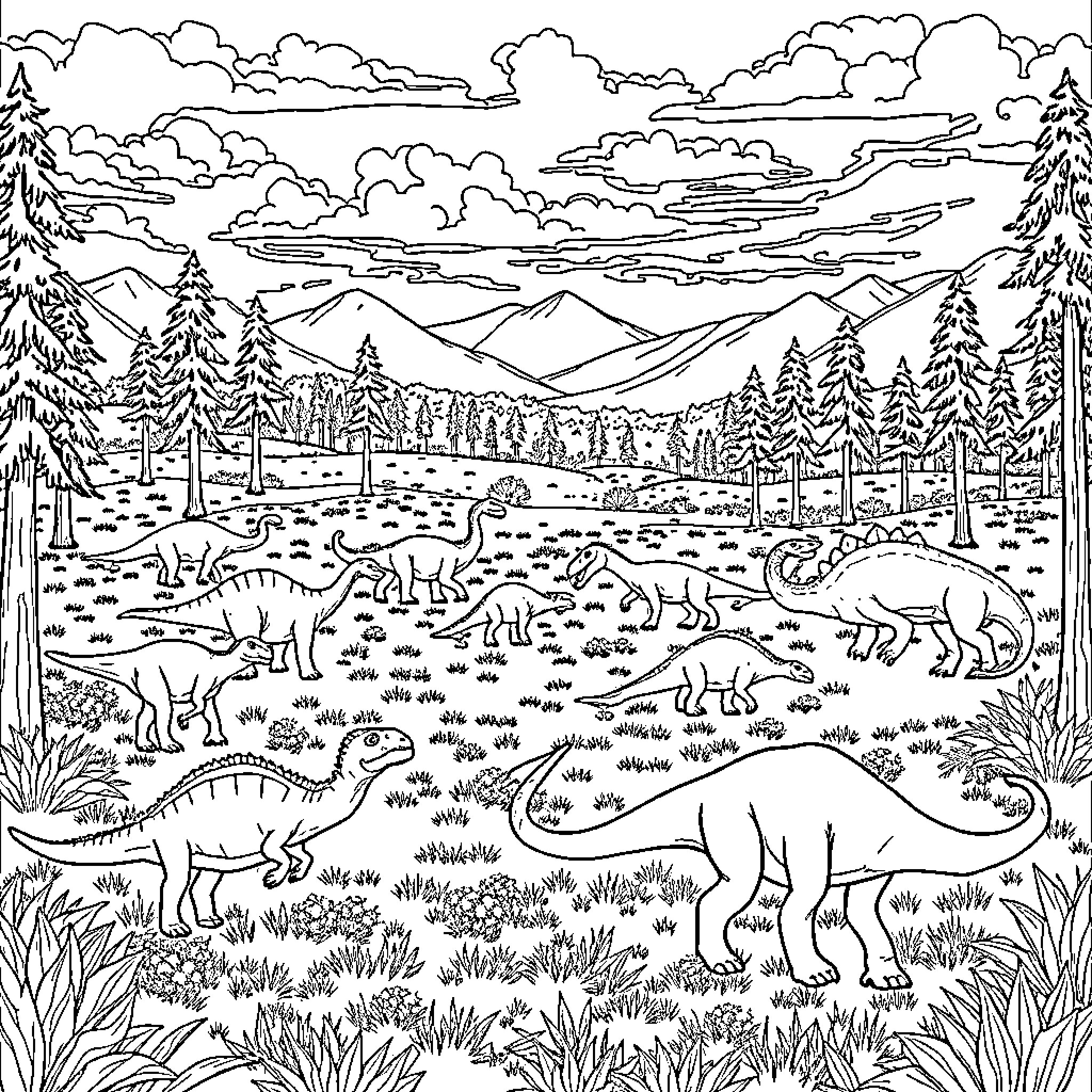 Dinosaurs roaming in prehistoric landscape Coloring Page (free black-and-white line drawing printable PDF for all, from beginners to advanced learners, including children, teens, adults, and seniors)