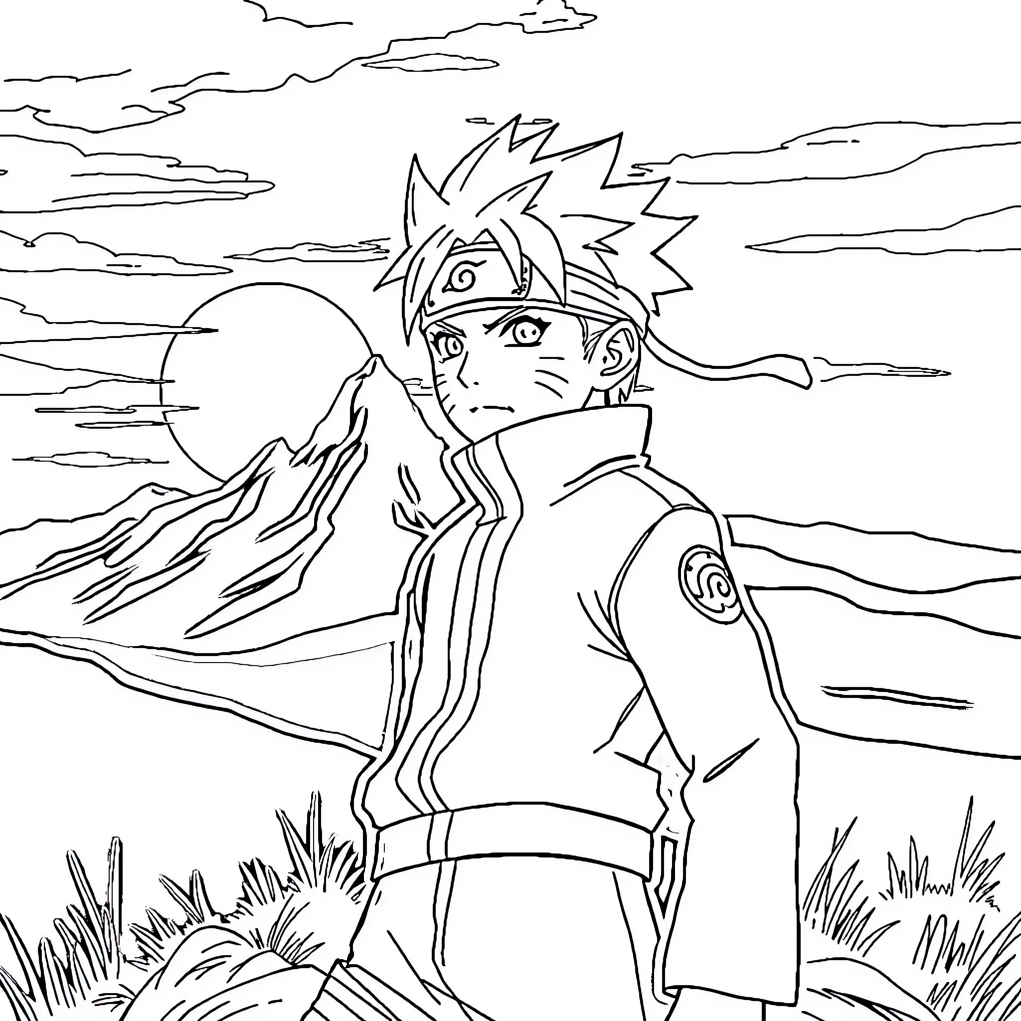 Naruto character in a fierce battle scene Coloring Page (free black-and-white line drawing printable PDF for all, from beginners to advanced learners, including children, teens, adults, and seniors)
