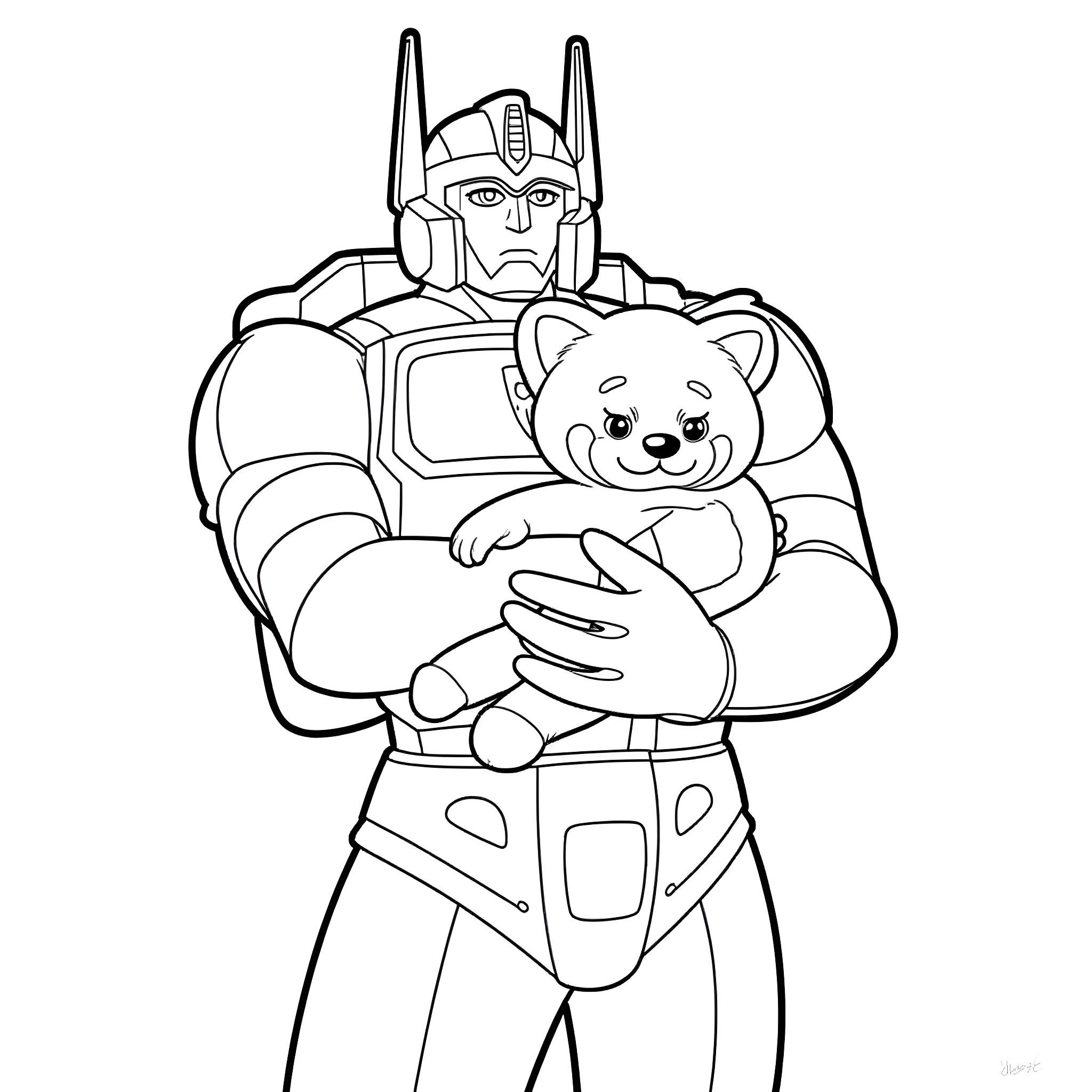 Optimus Prime holding a cute teddy bear Coloring Page (free black-and-white line drawing printable PDF for all, from beginners to advanced learners, including children, teens, adults, and seniors)