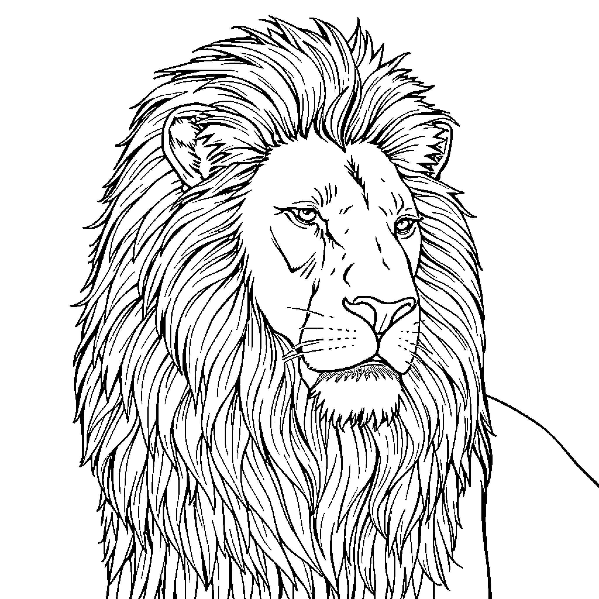 Lion's majestic portrait Coloring Page (free black-and-white line drawing printable PDF for all, from beginners to advanced learners, including children, teens, adults, and seniors)