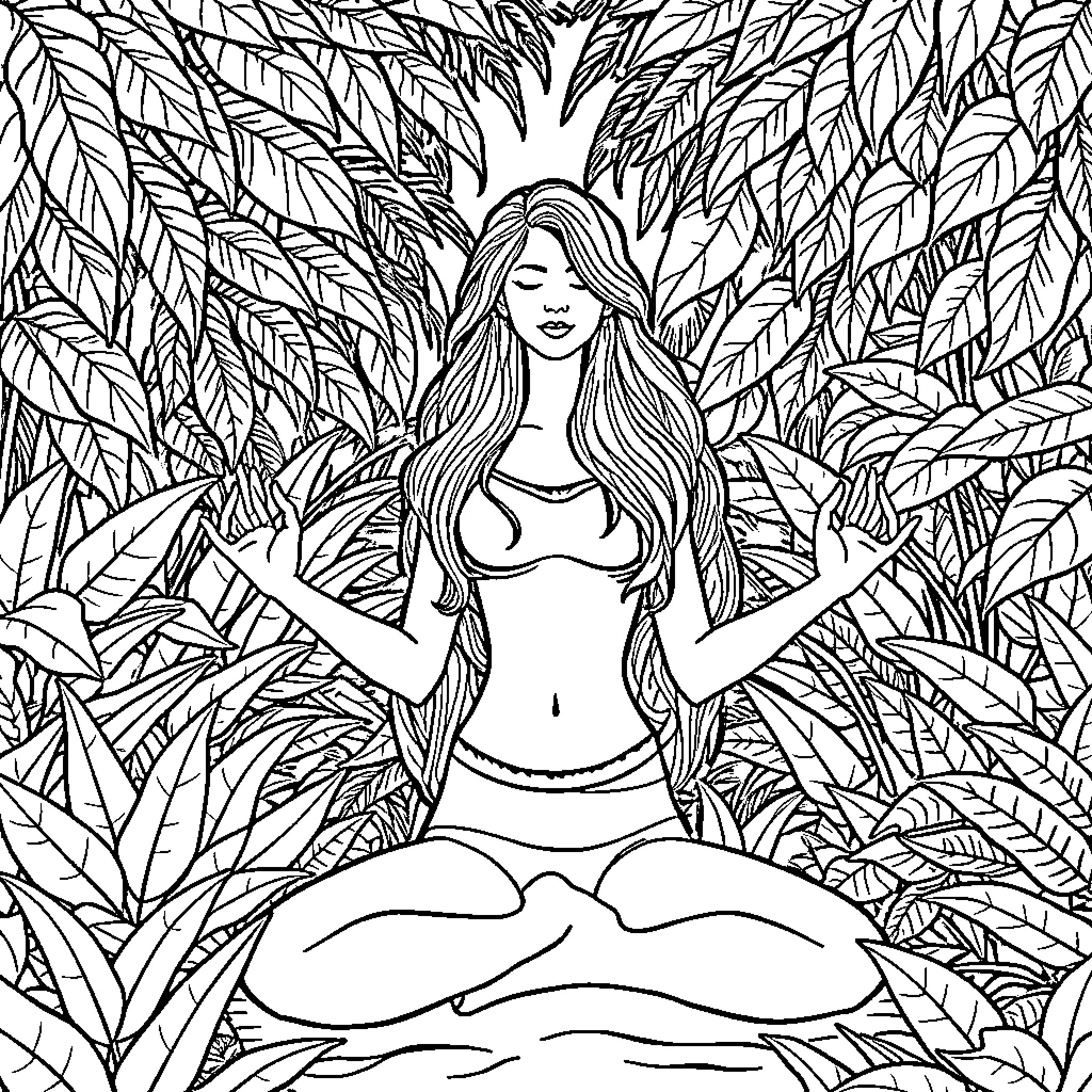Woman meditating in lush, leafy surroundings Coloring Page (free black-and-white line drawing printable PDF for all, from beginners to advanced learners, including children, teens, adults, and seniors)