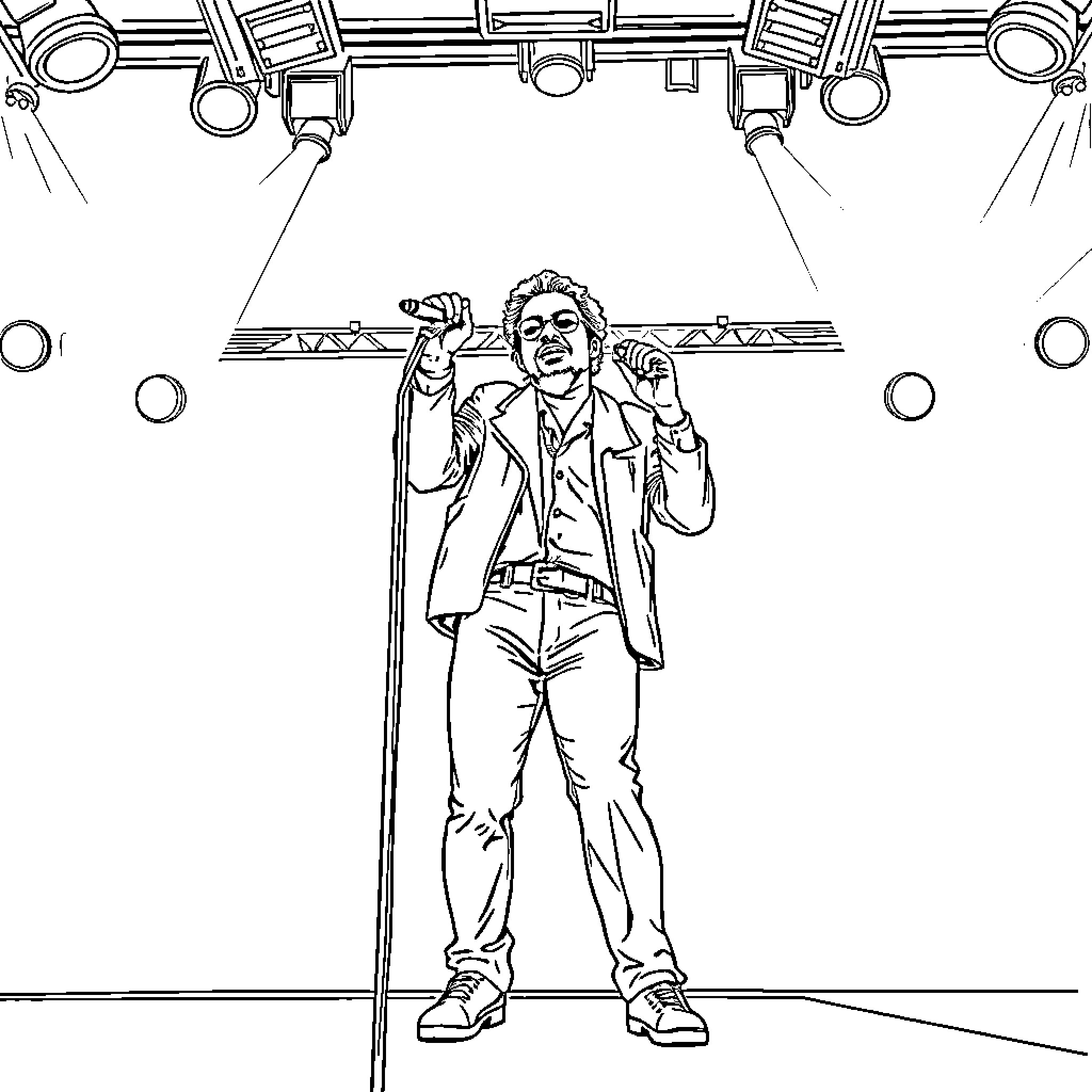 Gims performing energetically on stage Coloring Page (free black-and-white line drawing printable PDF for all, from beginners to advanced learners, including children, teens, adults, and seniors)